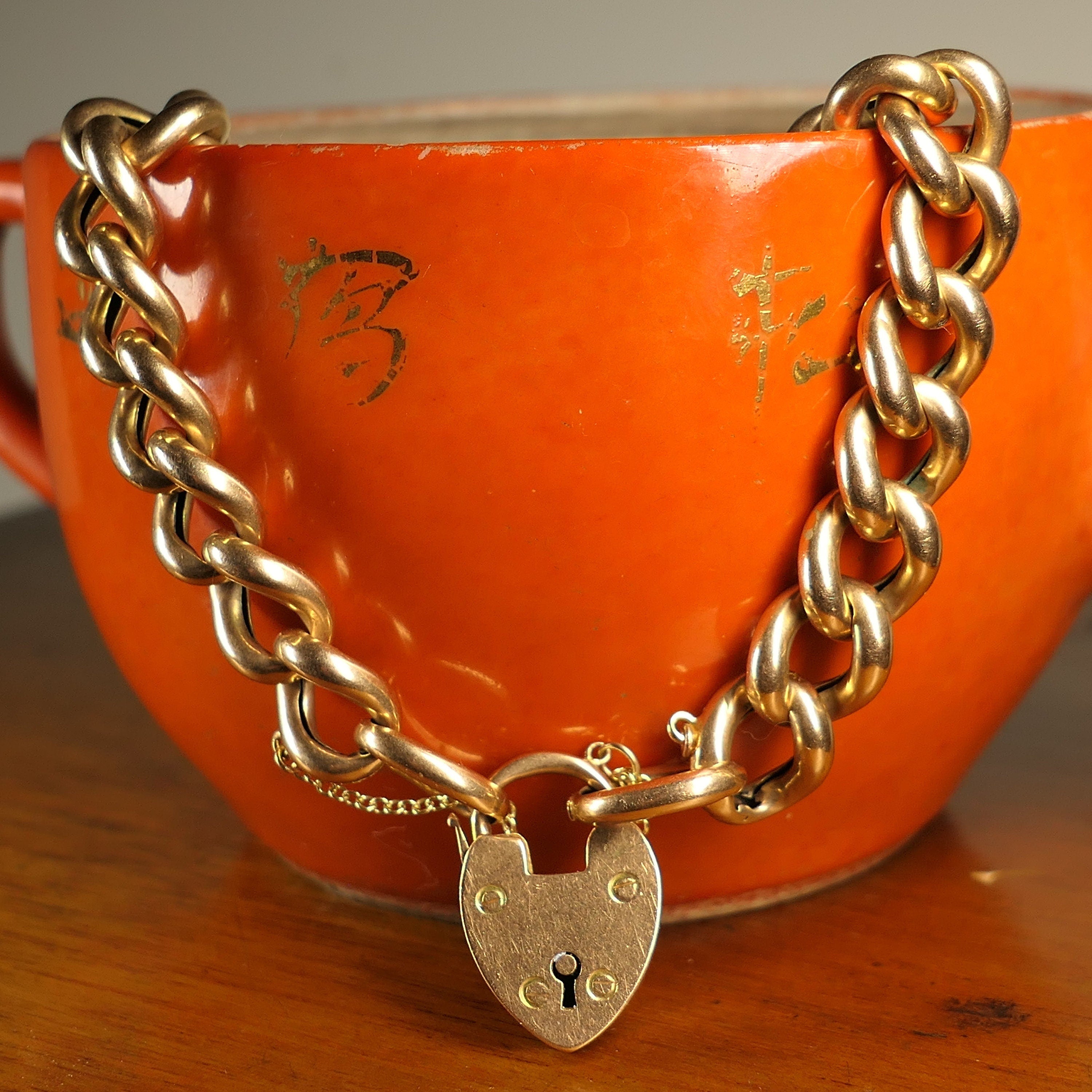 Antique 15ct Gold chunky curb link bracelet, with heart padlock clasp