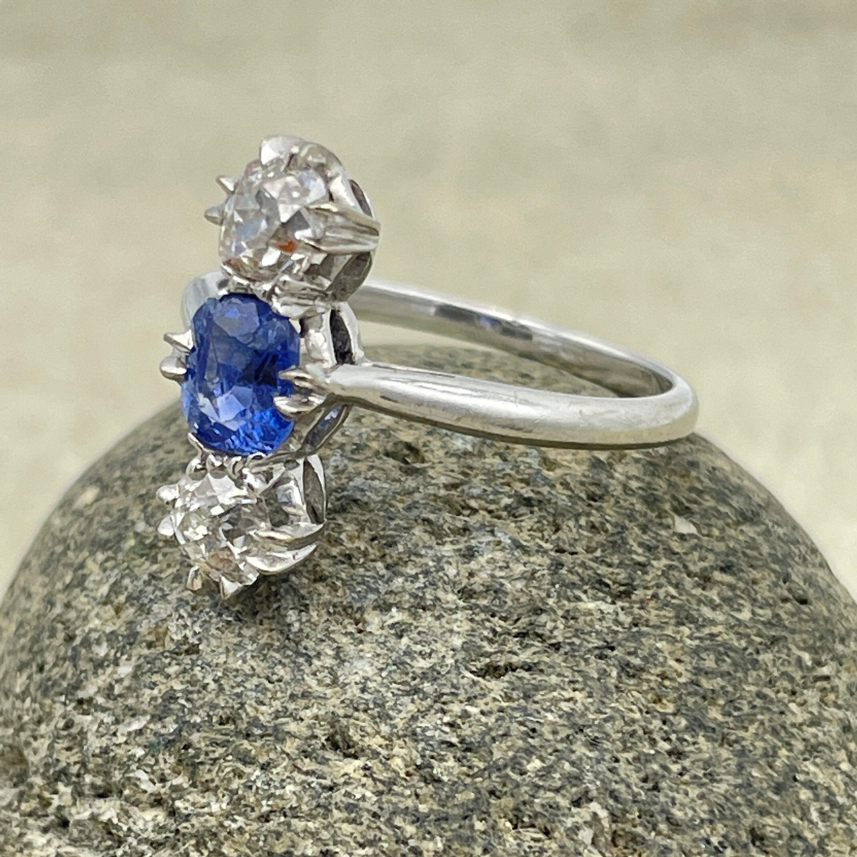 Edwardian 18ct white gold old mine cut diamond & sapphire ring