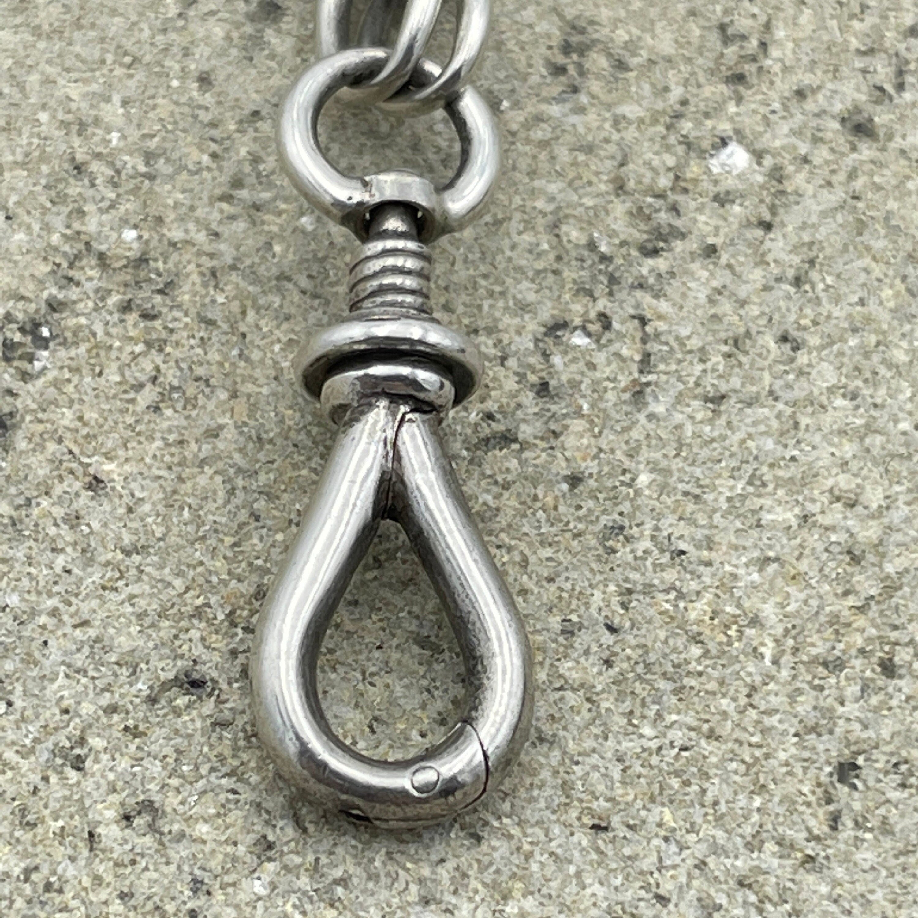 Antique curb link sterling silver guard chain, with swivel dog clip