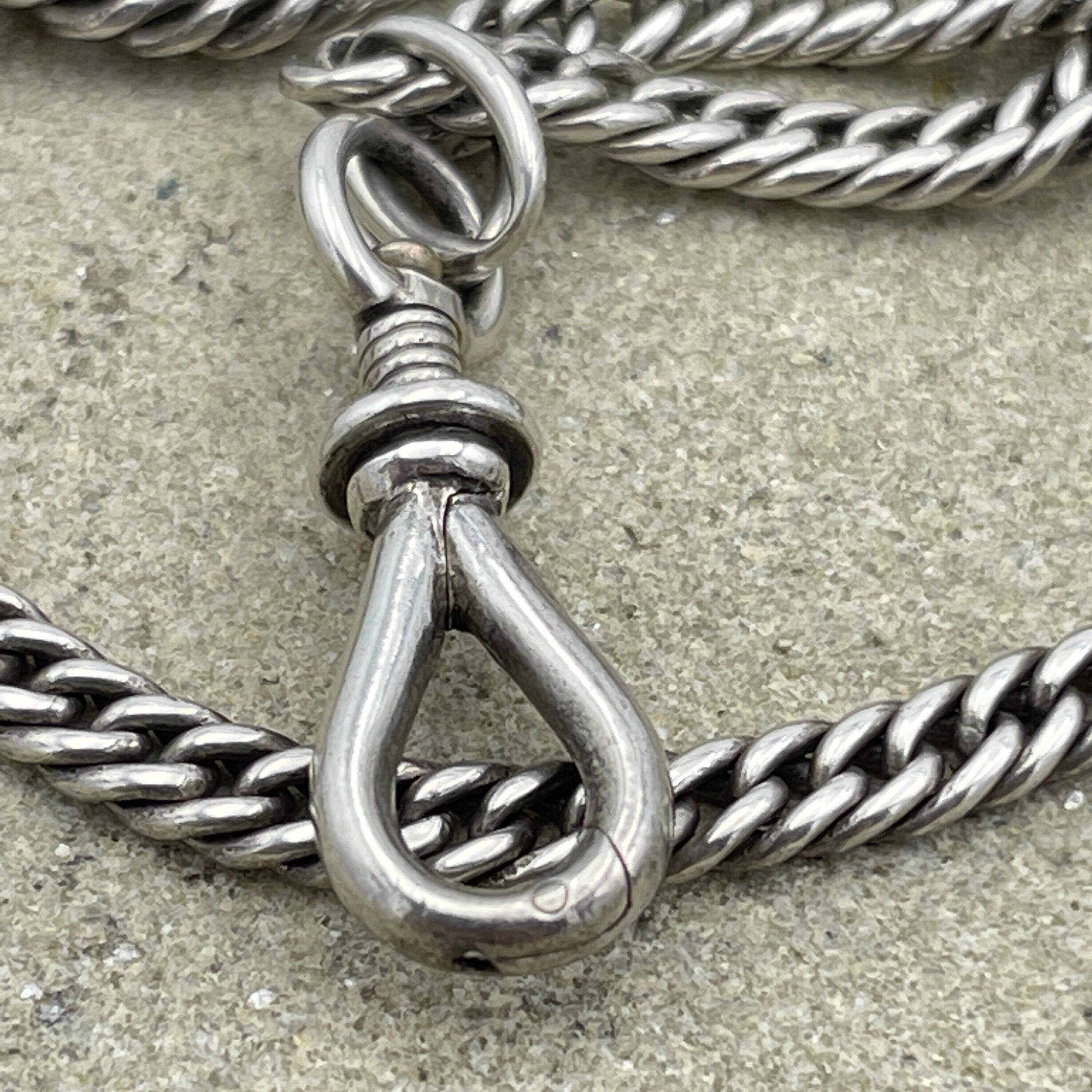 Antique curb link sterling silver guard chain, with swivel dog clip