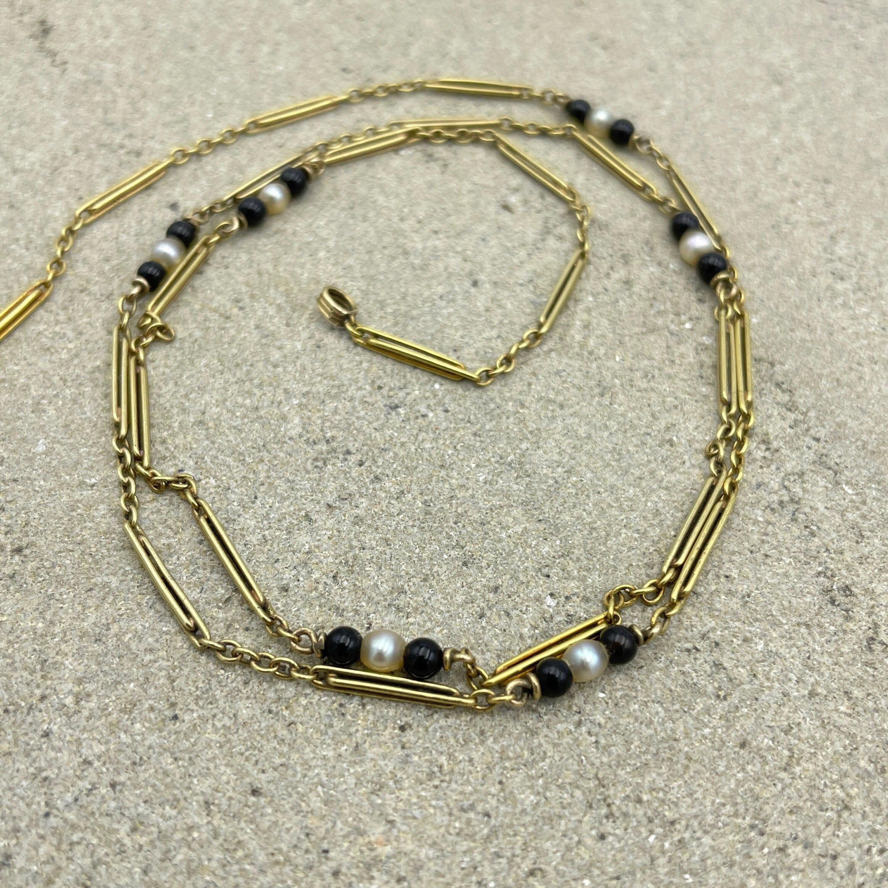 Antique 14ct Gold, Pearl & Black Onyx Bead Fancy Link Chain Necklace