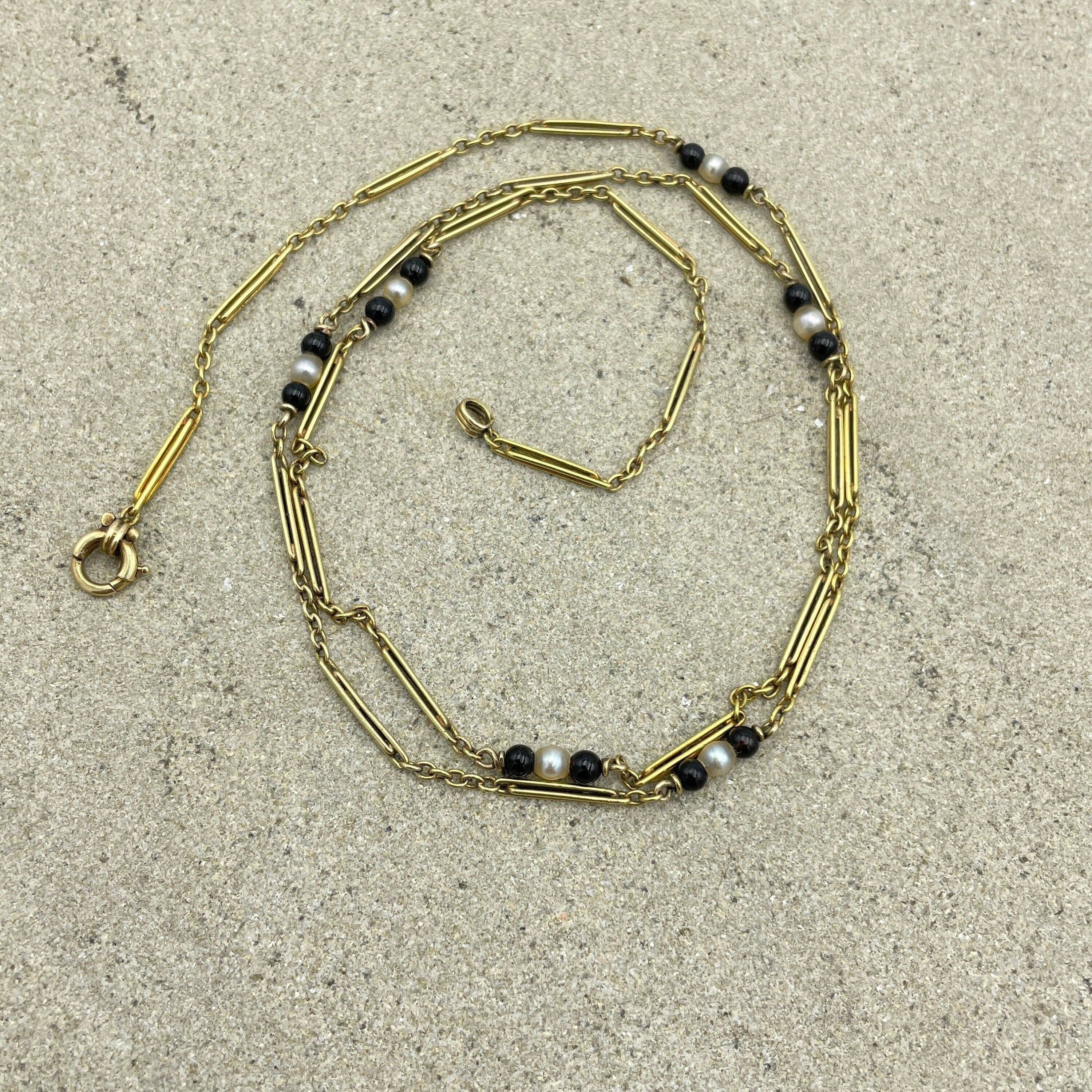 Antique 14ct Gold, Pearl & Black Onyx Bead Fancy Link Chain Necklace