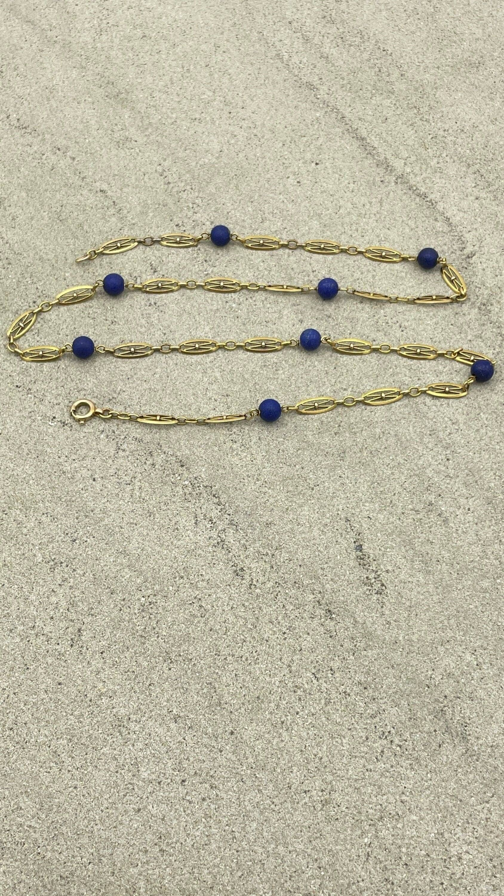 Antique 14ct gold fancy link chain necklace with lapis lazuli bead spacers c1910