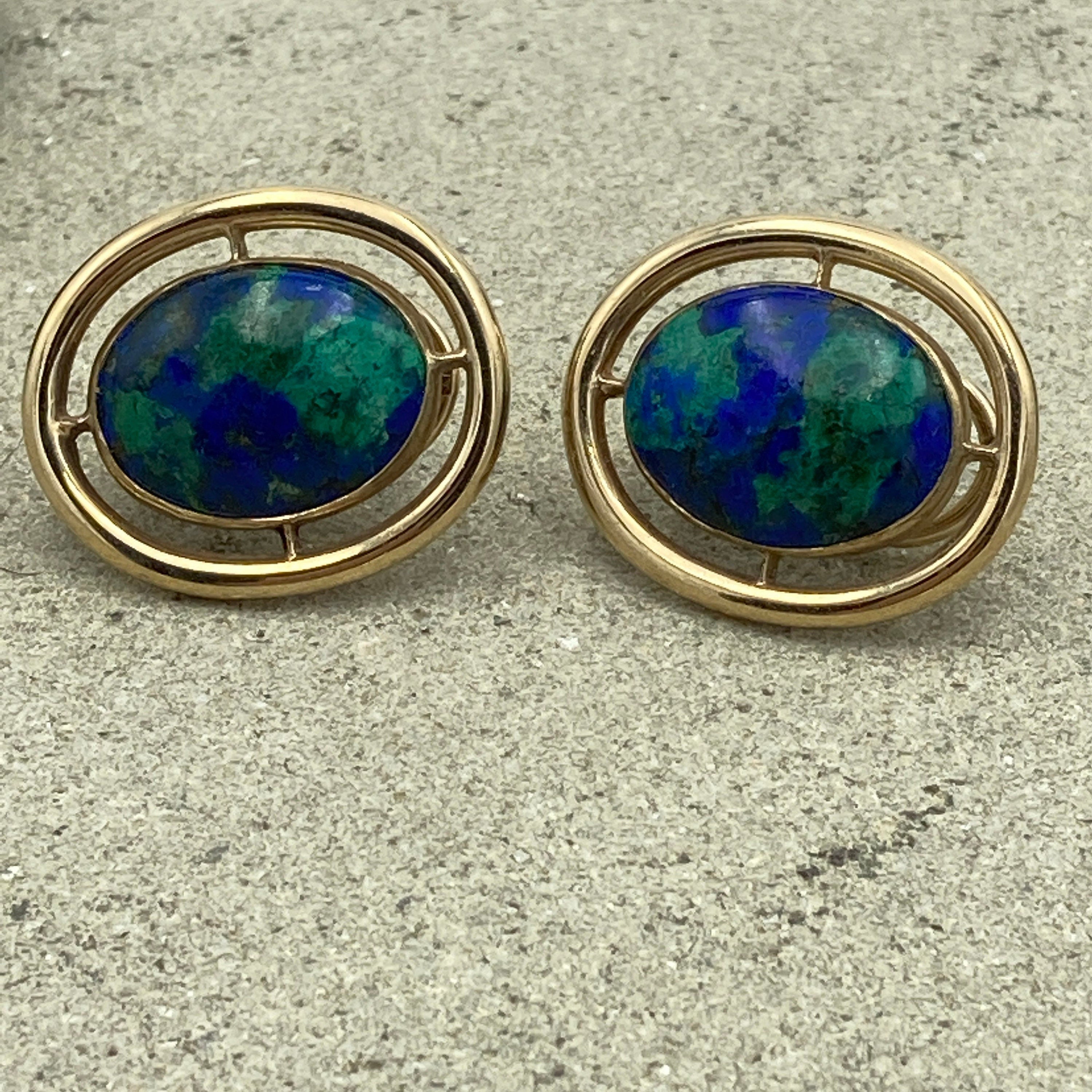 Large 9ct Gold Vintage Azurite Cabochon Stud Earrings