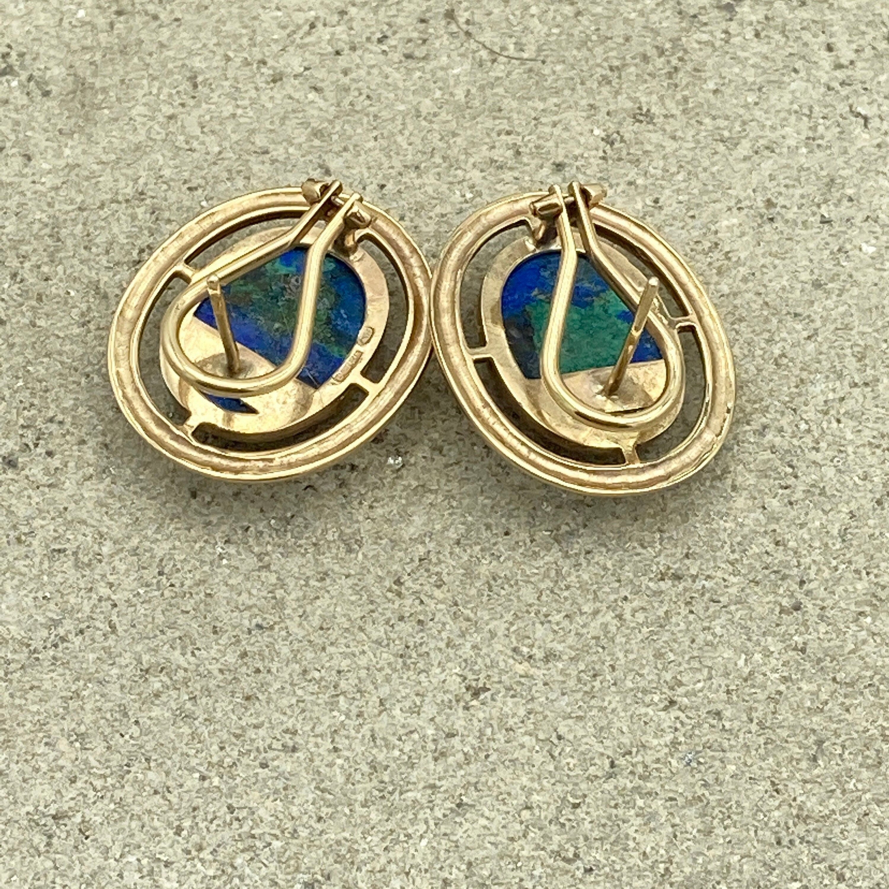 Large 9ct Gold Vintage Azurite Cabochon Stud Earrings