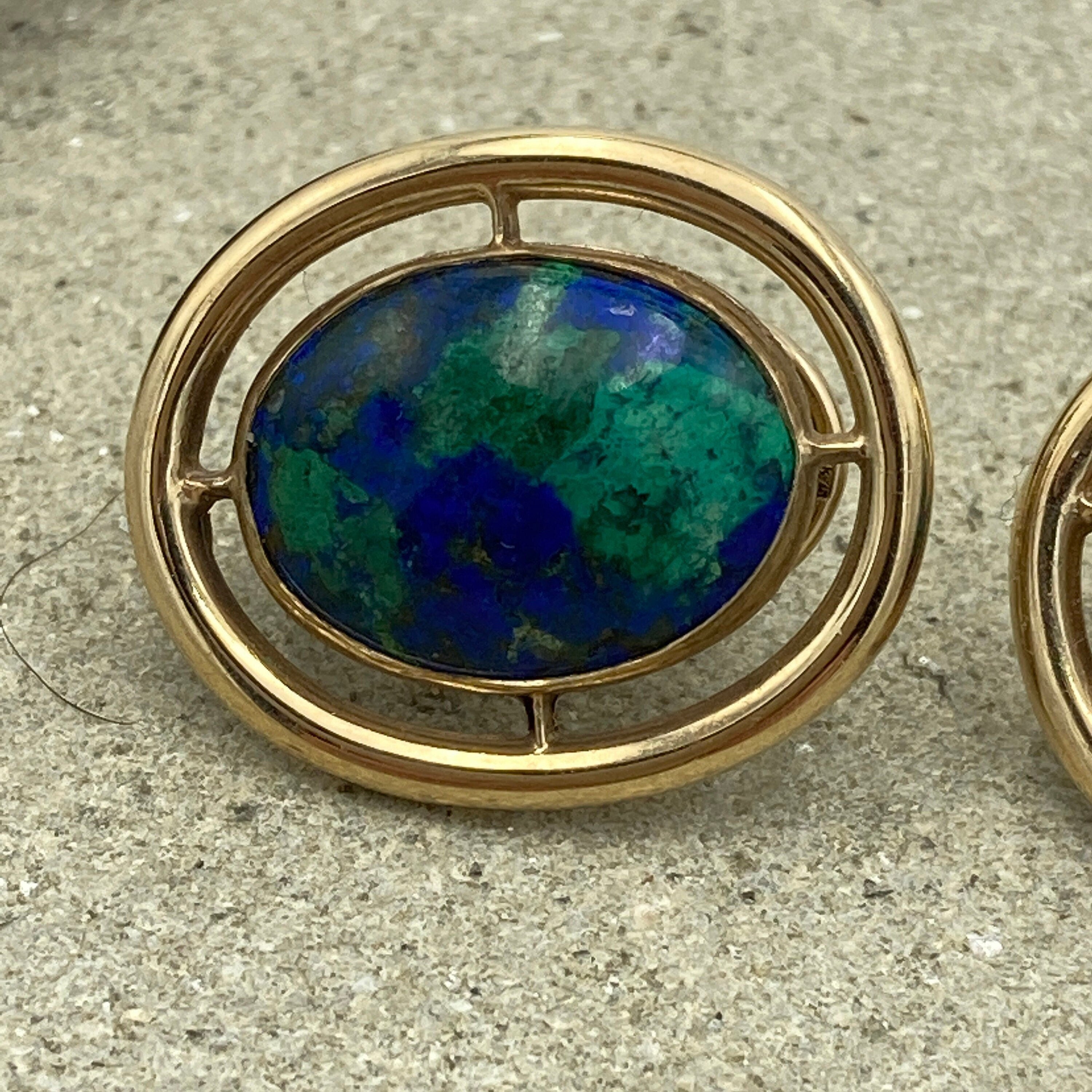 Large 9ct Gold Vintage Azurite Cabochon Stud Earrings