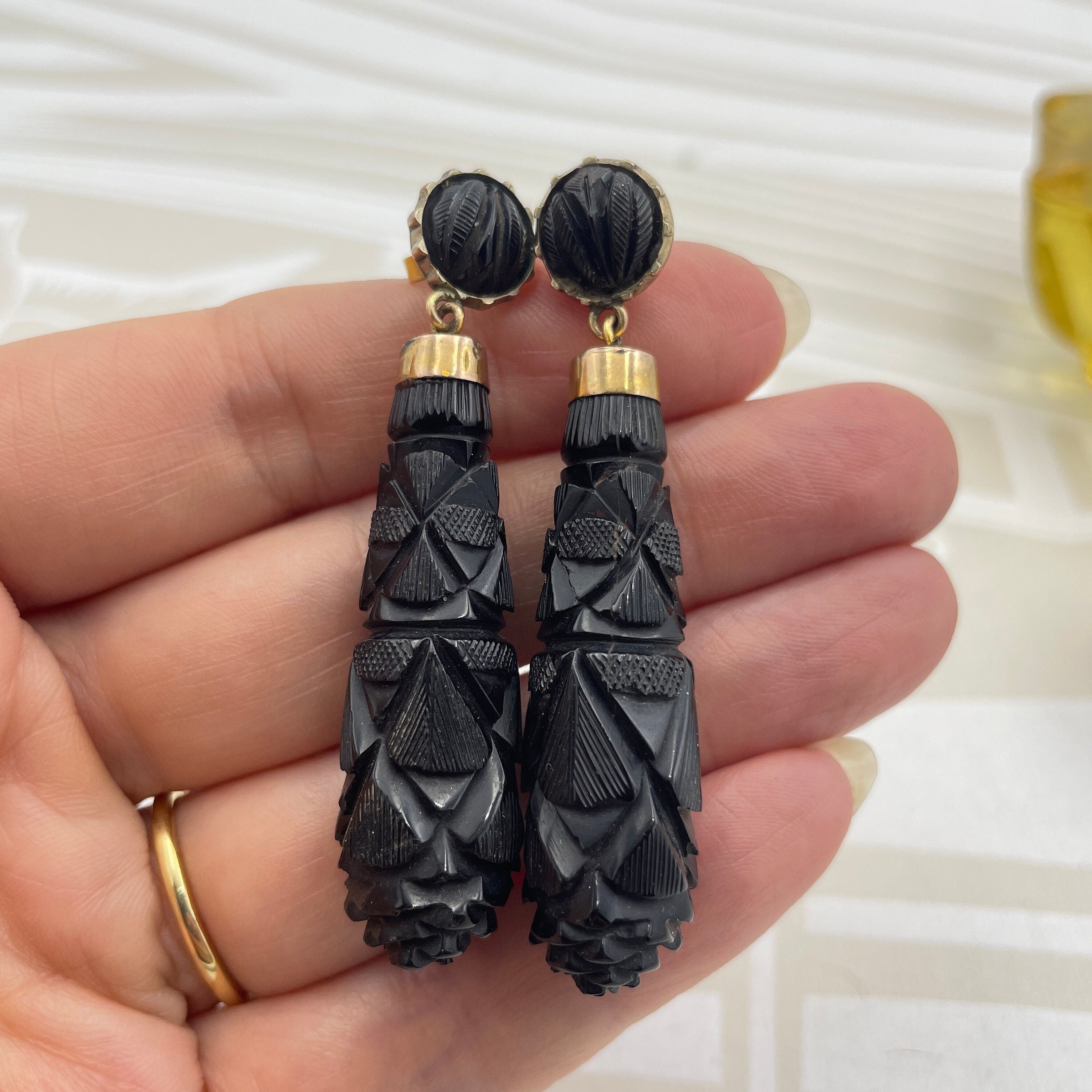 Victorian Carved Whitby Jet & 9ct Gold, Torpedo Drop Earrings