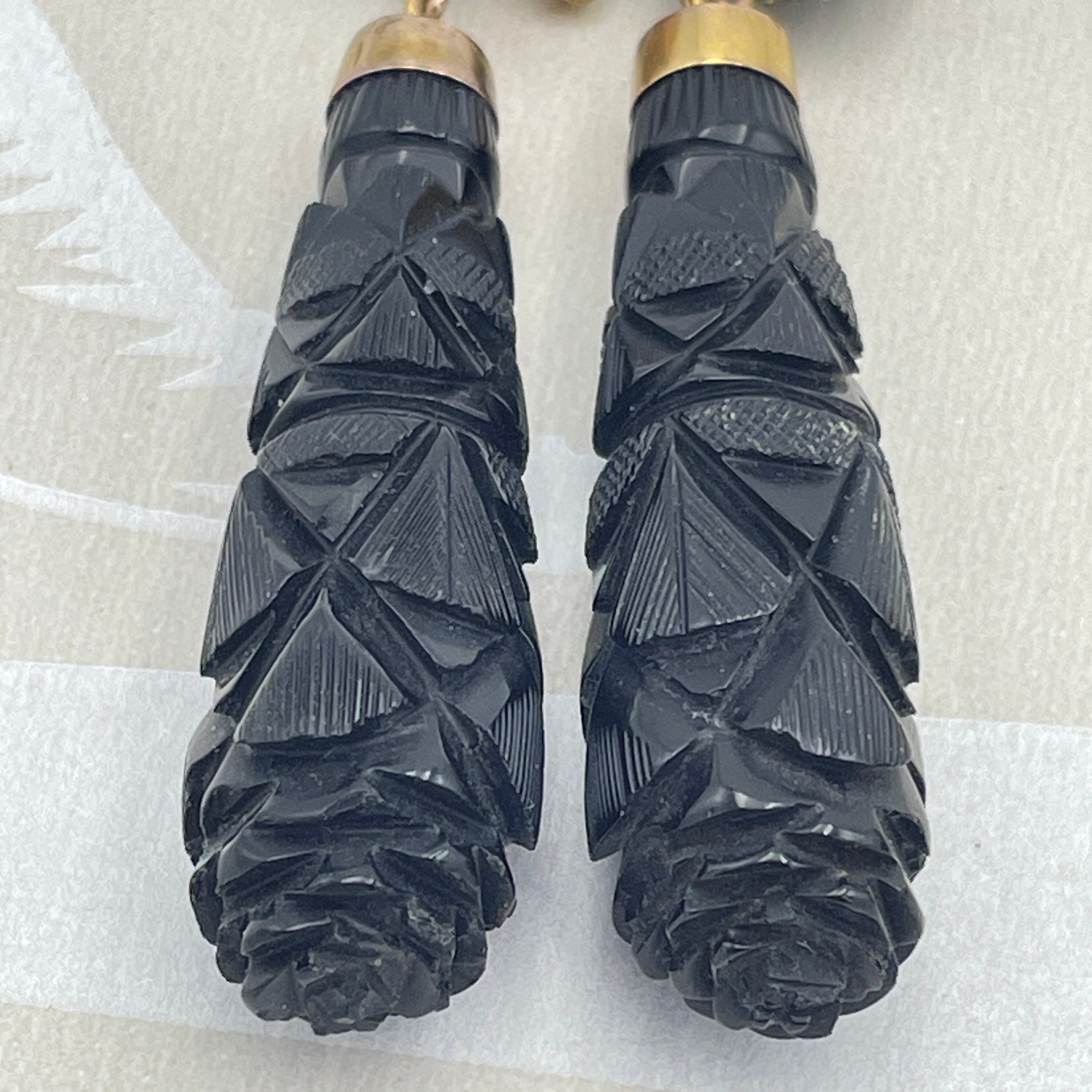 Victorian Carved Whitby Jet & 9ct Gold, Torpedo Drop Earrings