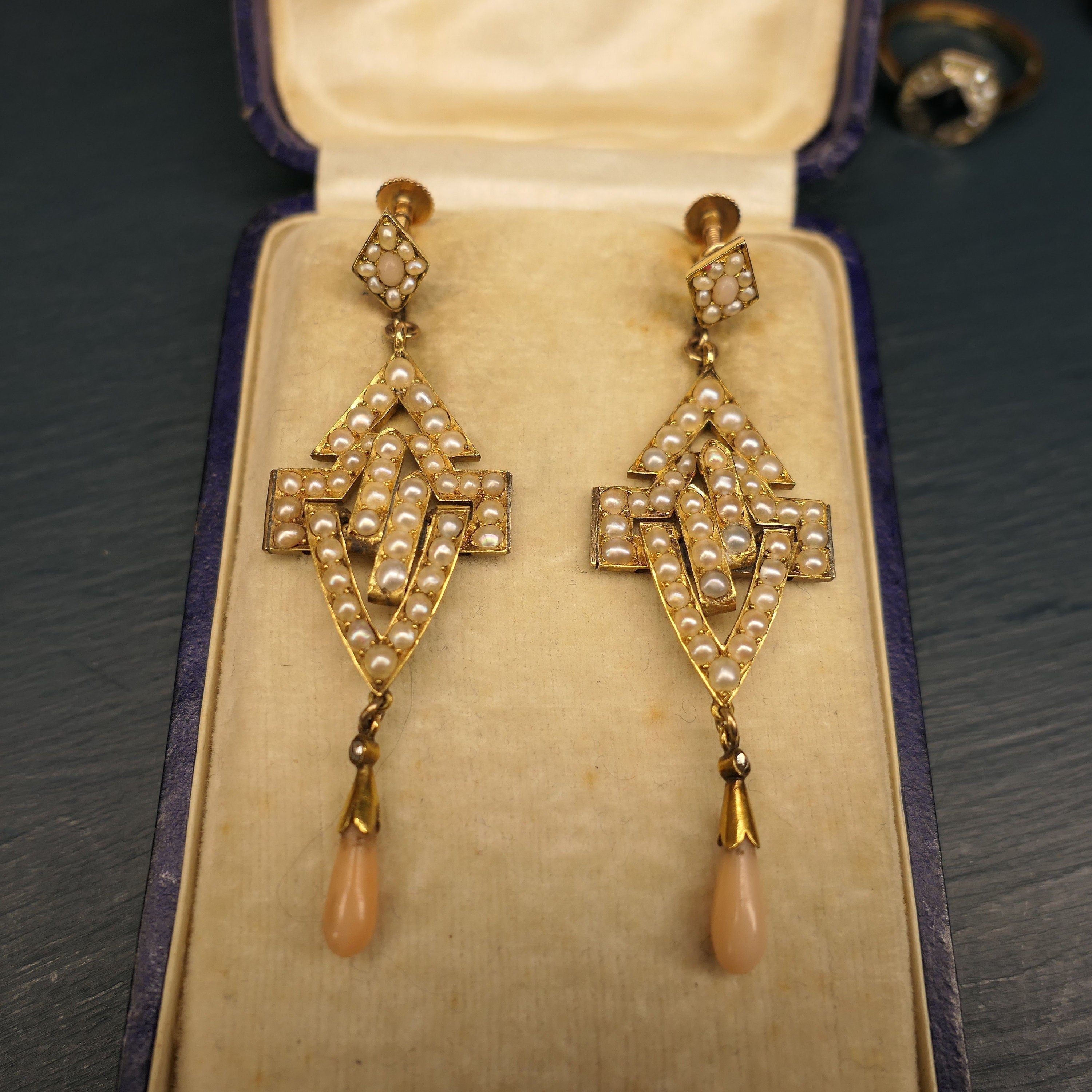 Original art deco, seed pearl, coral and old rose cut diamond, large gold drop earrings