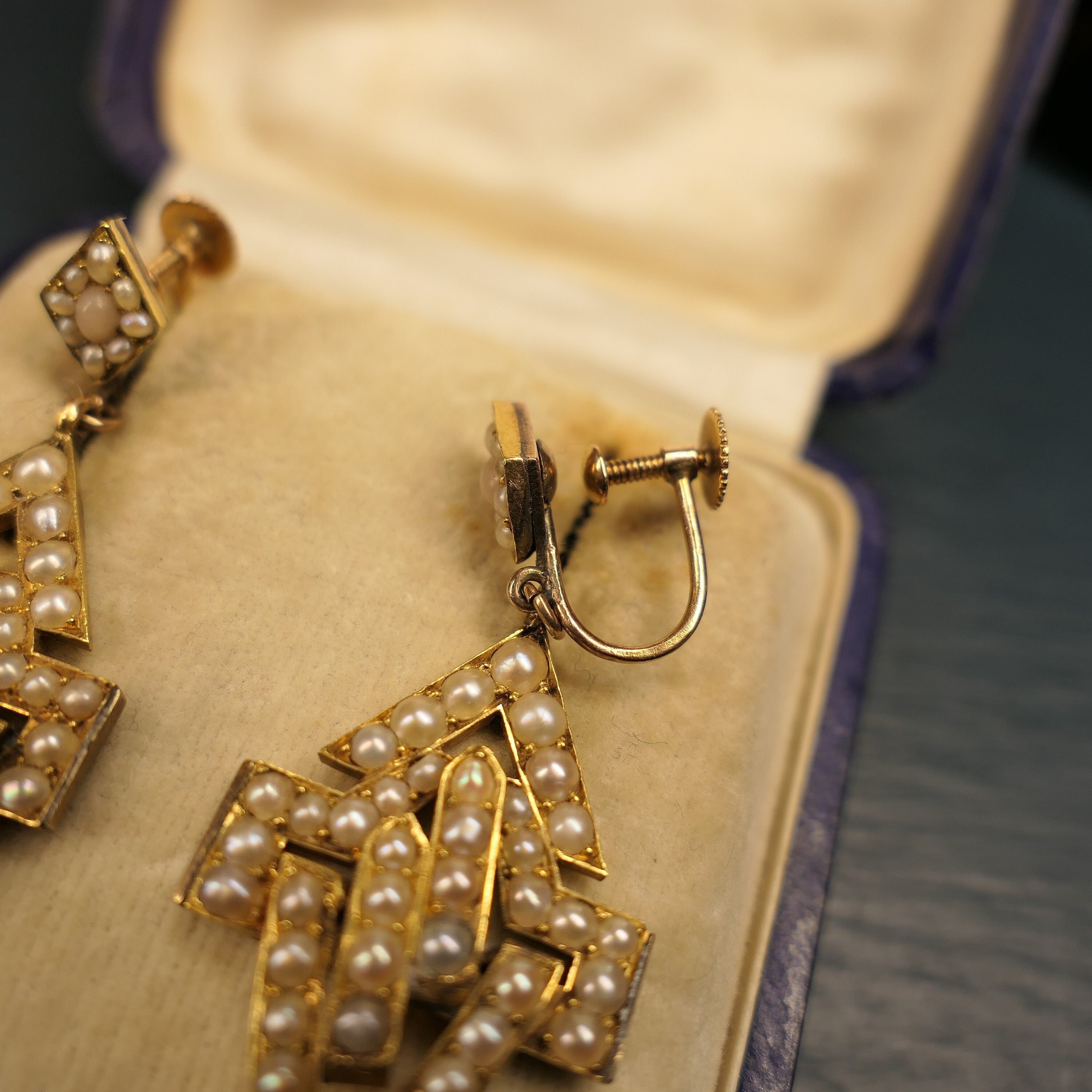 Original art deco, seed pearl, coral and old rose cut diamond, large gold drop earrings