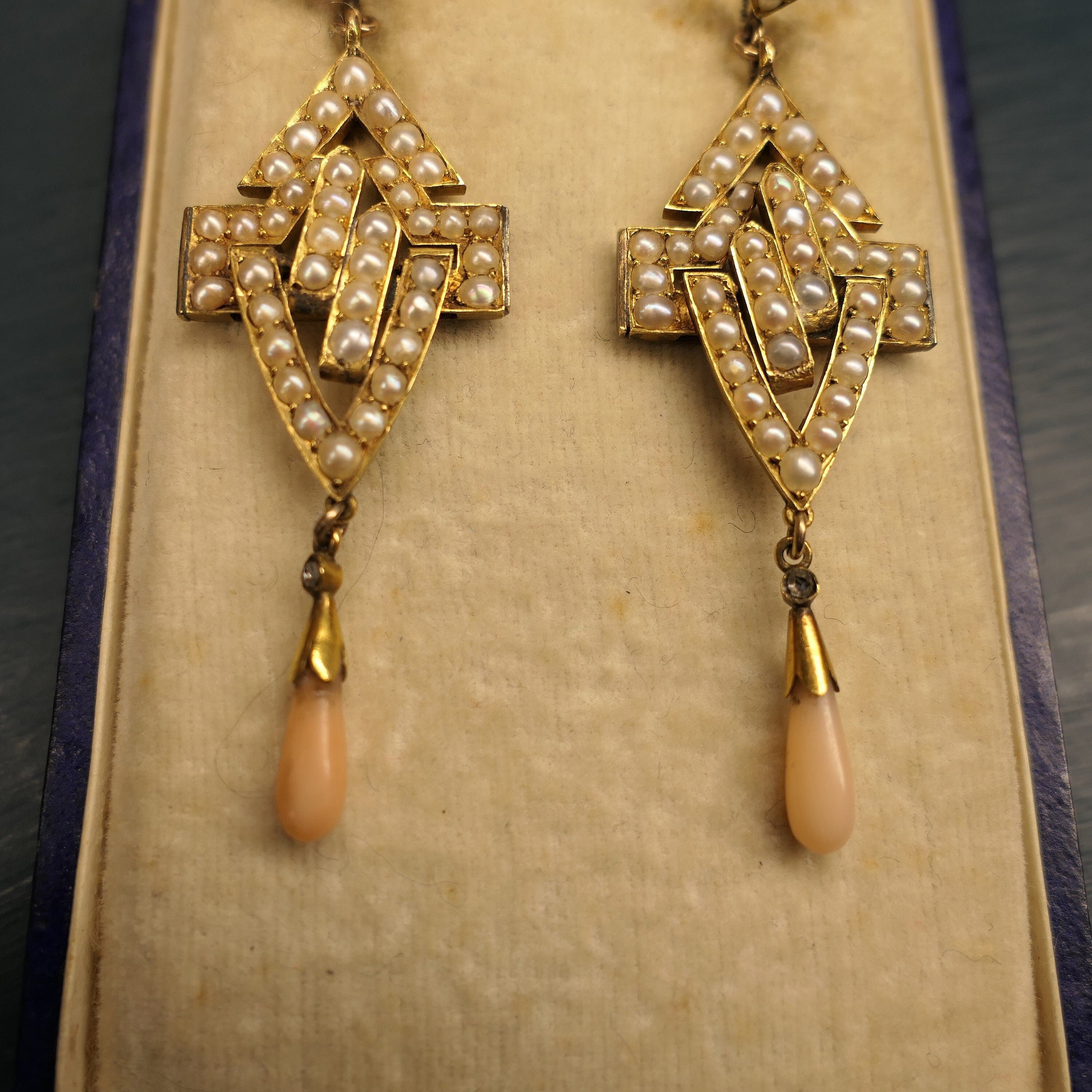 Original art deco, seed pearl, coral and old rose cut diamond, large gold drop earrings