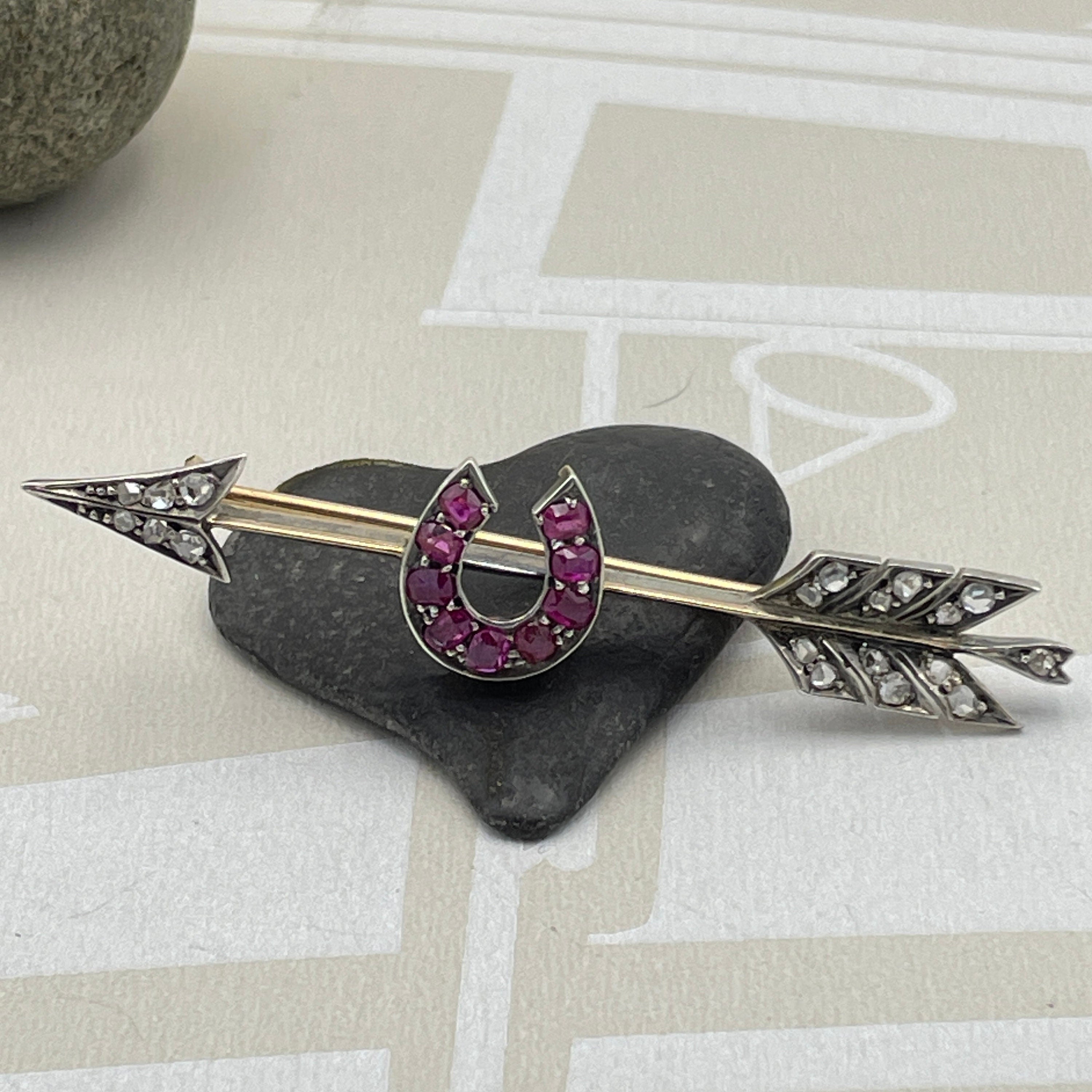 Victorian Gold & Silver, Rose Cut Diamond And Ruby Arrow Horseshoe Brooch in original case