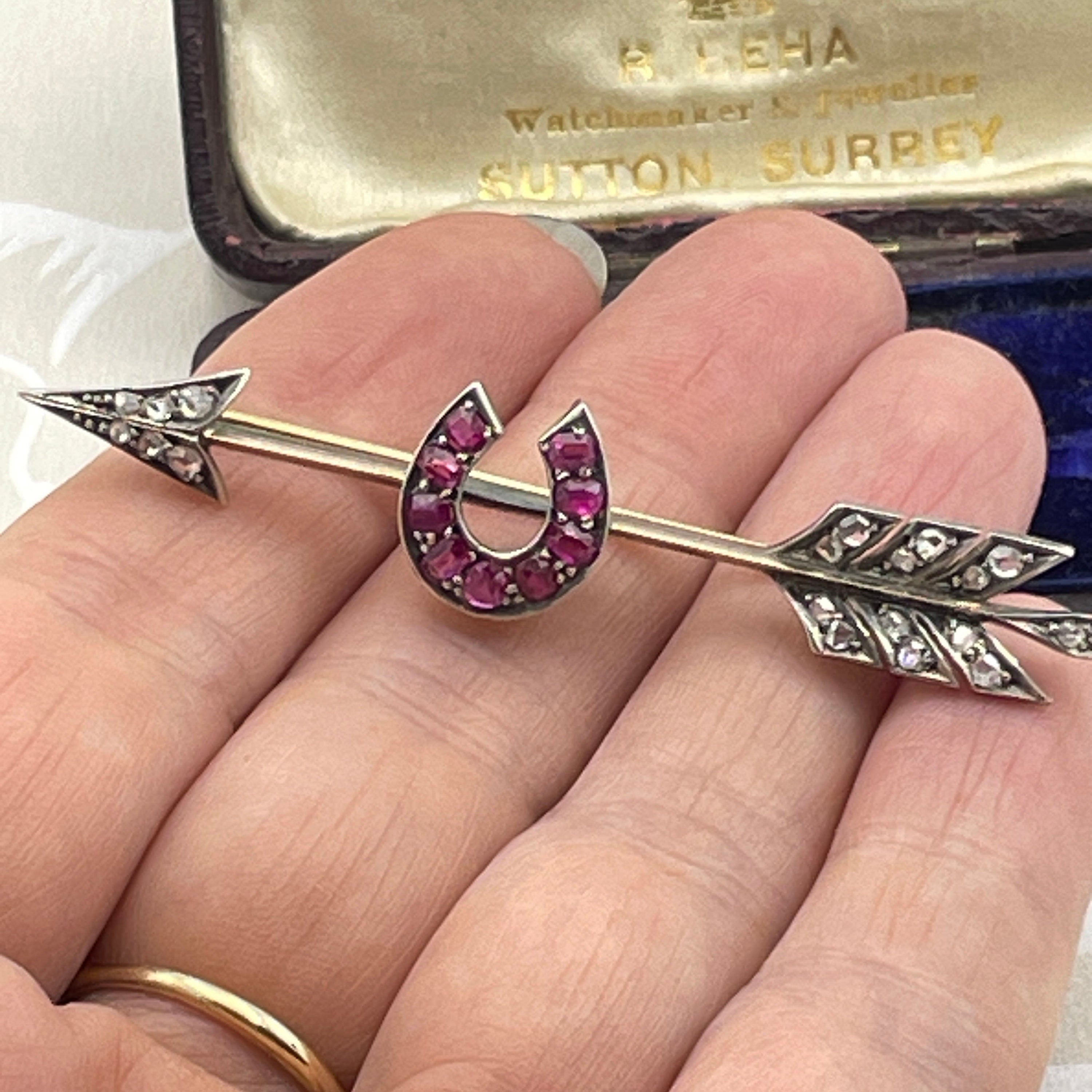 Victorian Gold & Silver, Rose Cut Diamond And Ruby Arrow Horseshoe Brooch in original case