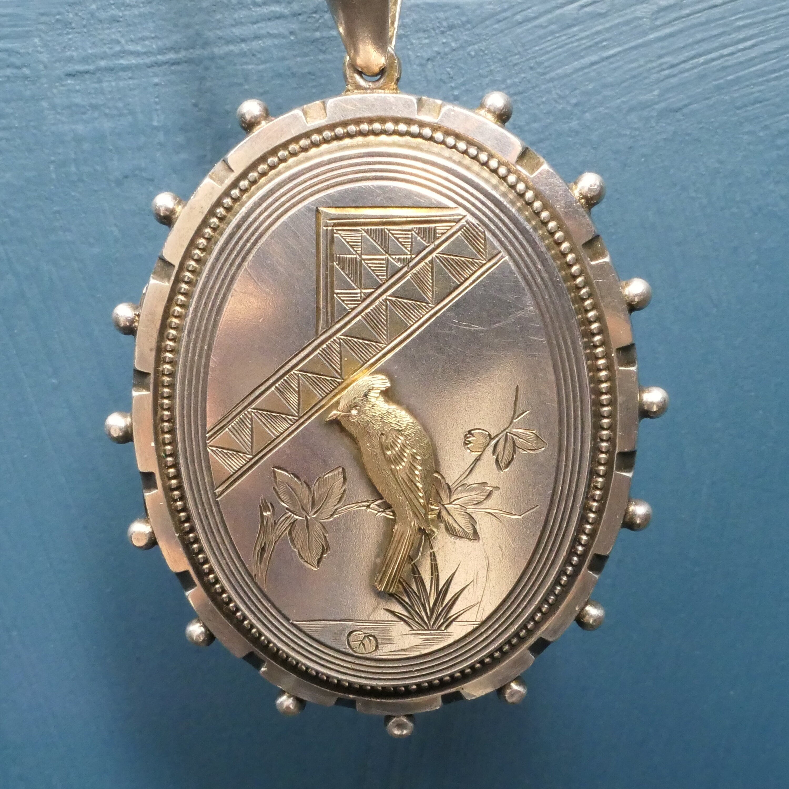 Victorian, Aesthetic Movement Large Sterling Silver Locket, With Bird Motif