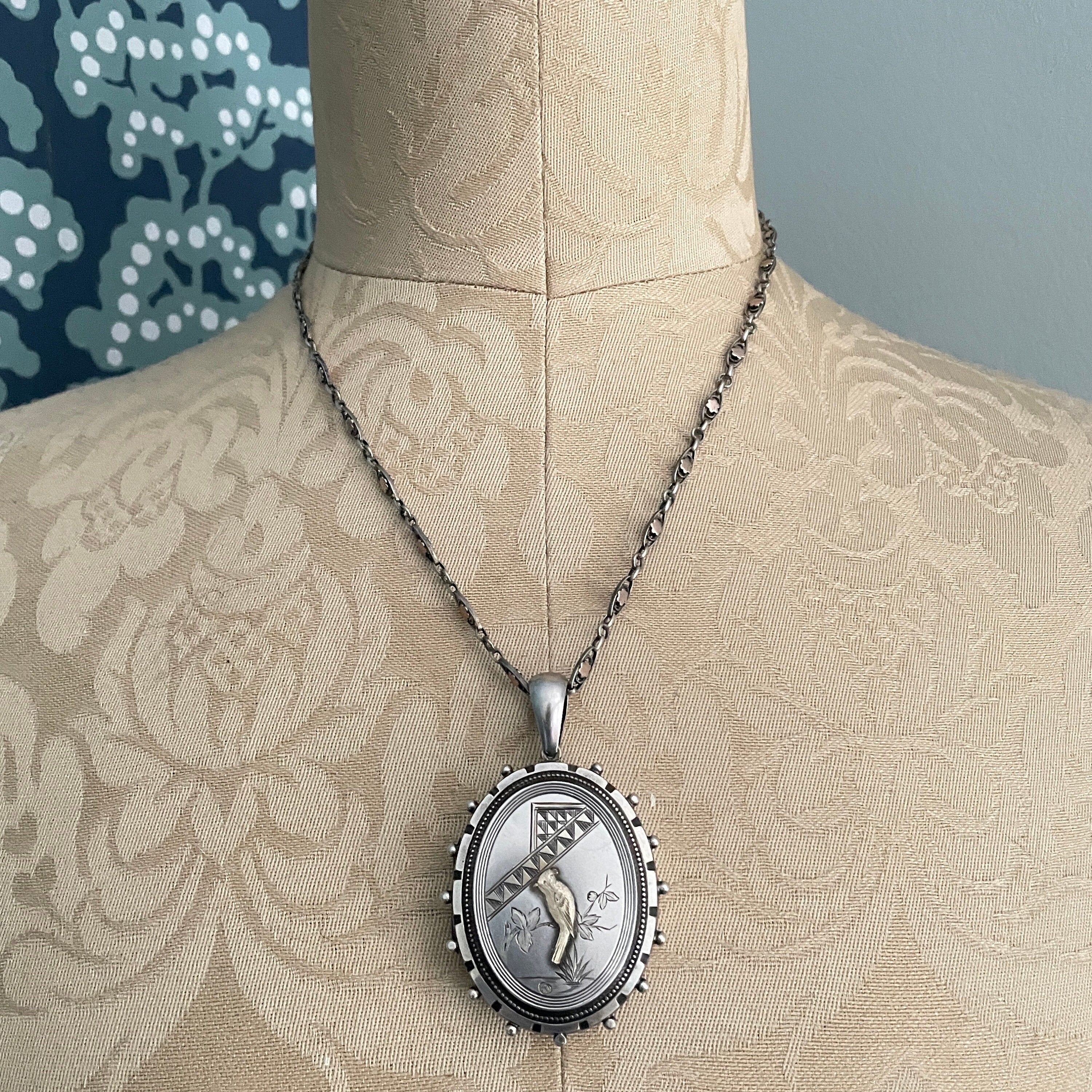 Victorian, Aesthetic Movement Large Sterling Silver Locket, With Bird Motif