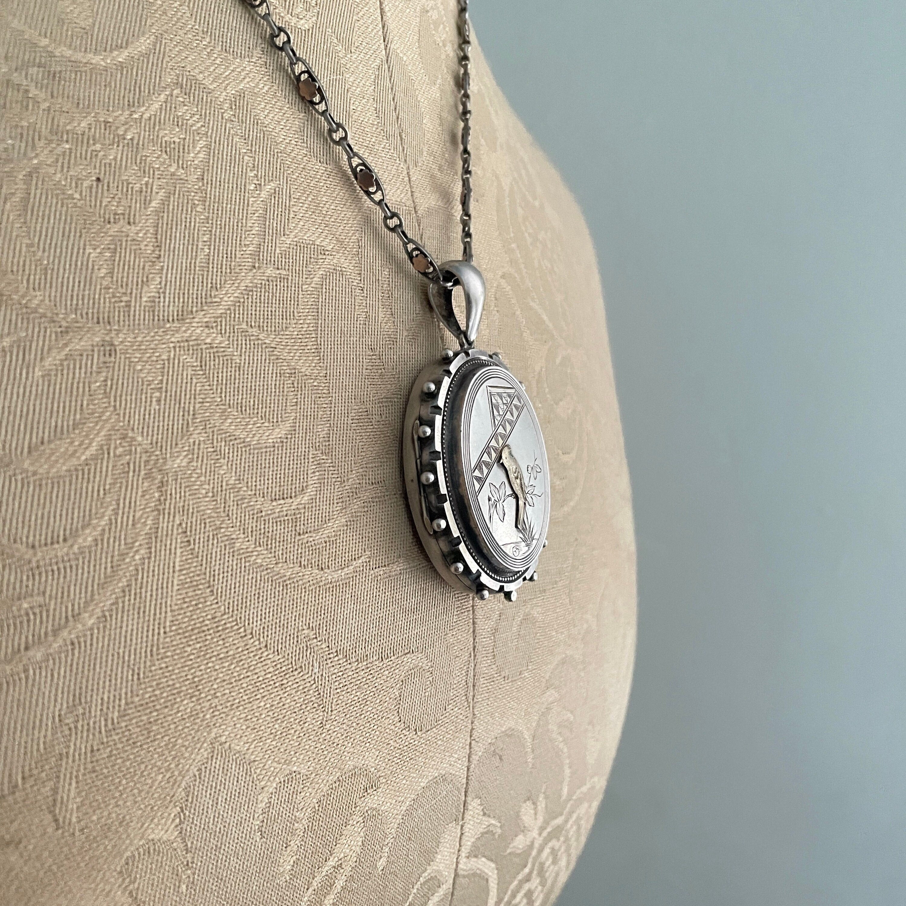 Victorian, Aesthetic Movement Large Sterling Silver Locket, With Bird Motif