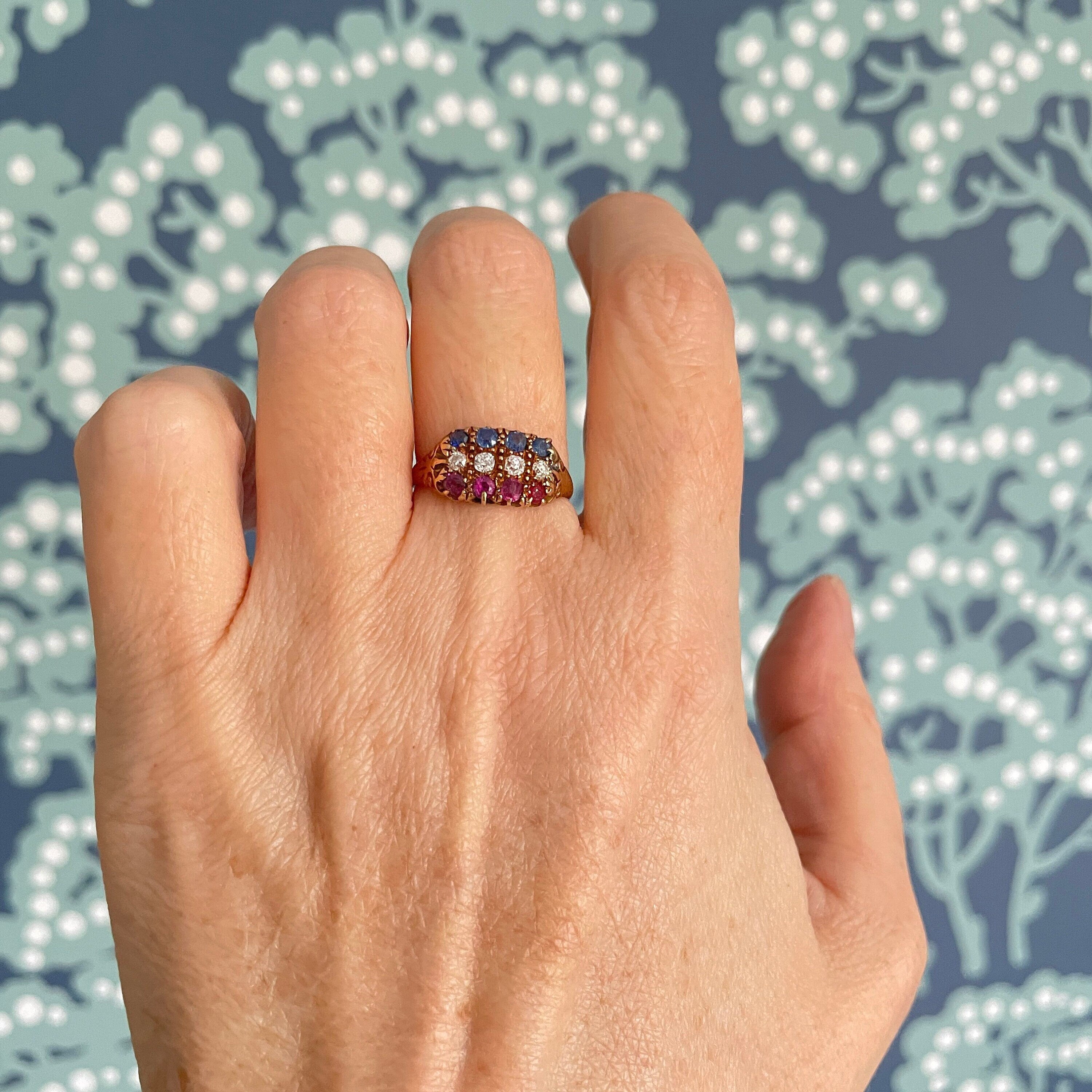 Edwardian 18ct gold , three row old cut diamond, ruby & sapphire ring, hallmarked chester 1903