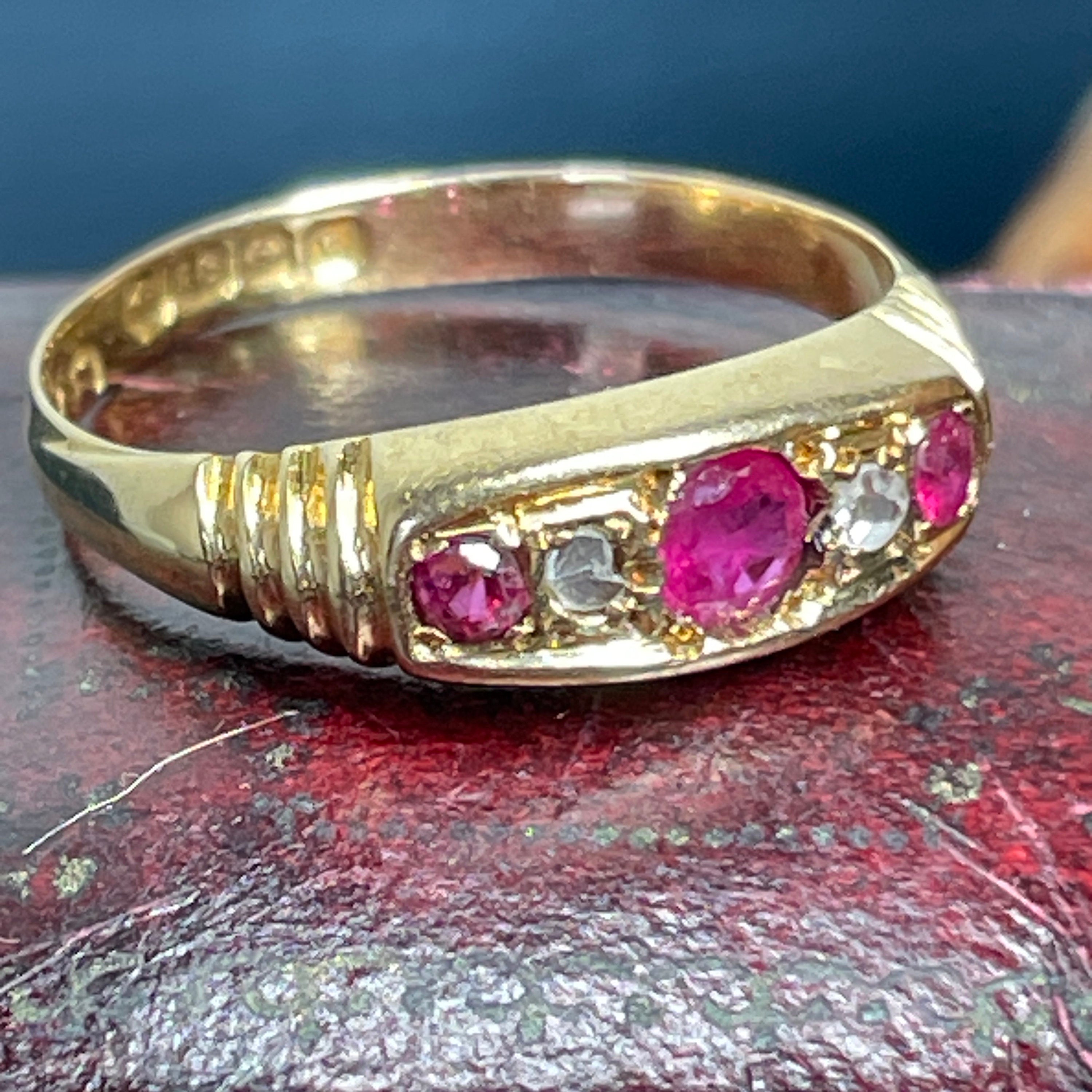 Antique 18ct gold, ruby and rose cut diamond ring, hallmarked 1918