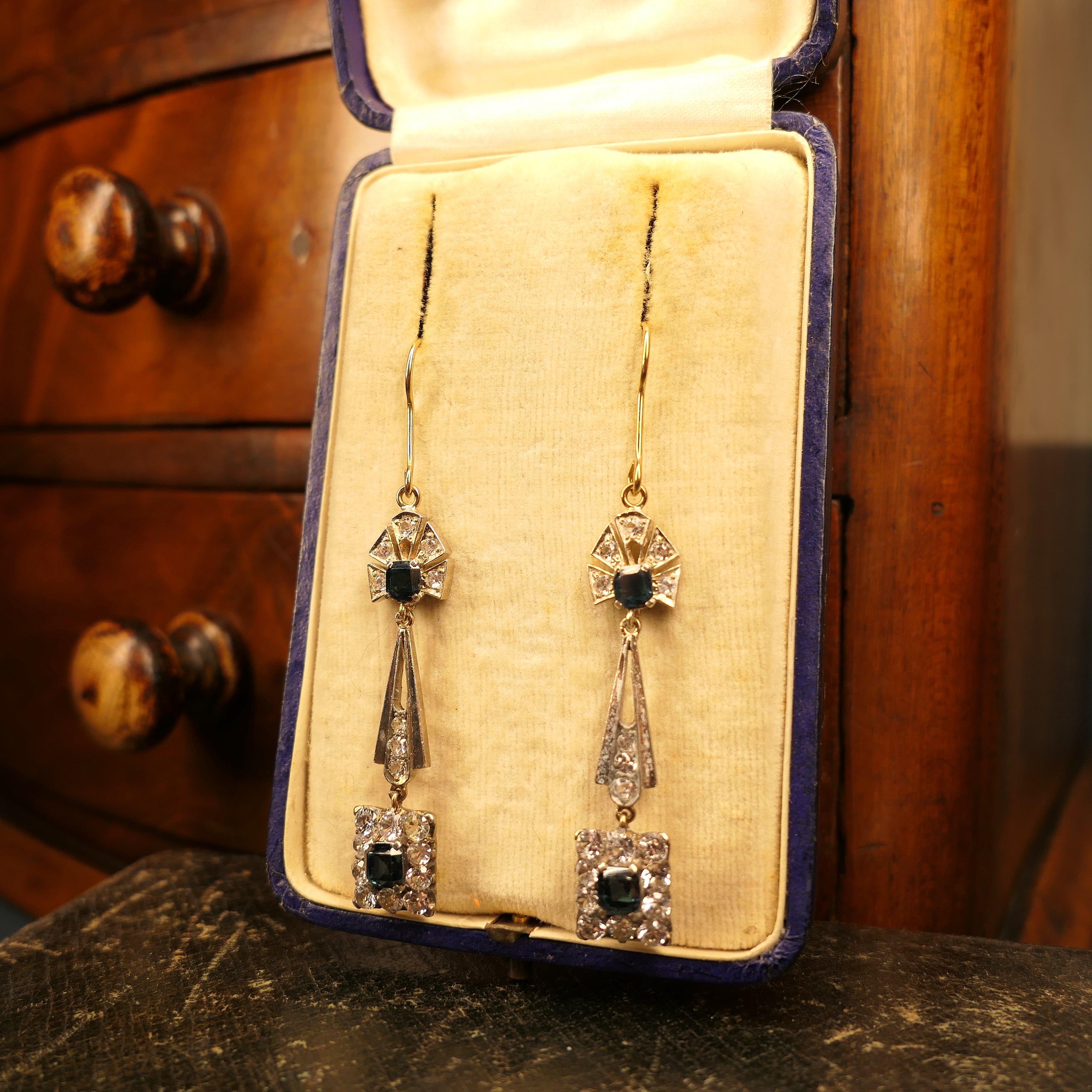 Original Art Deco, Gold & Sapphire Drop Earrings