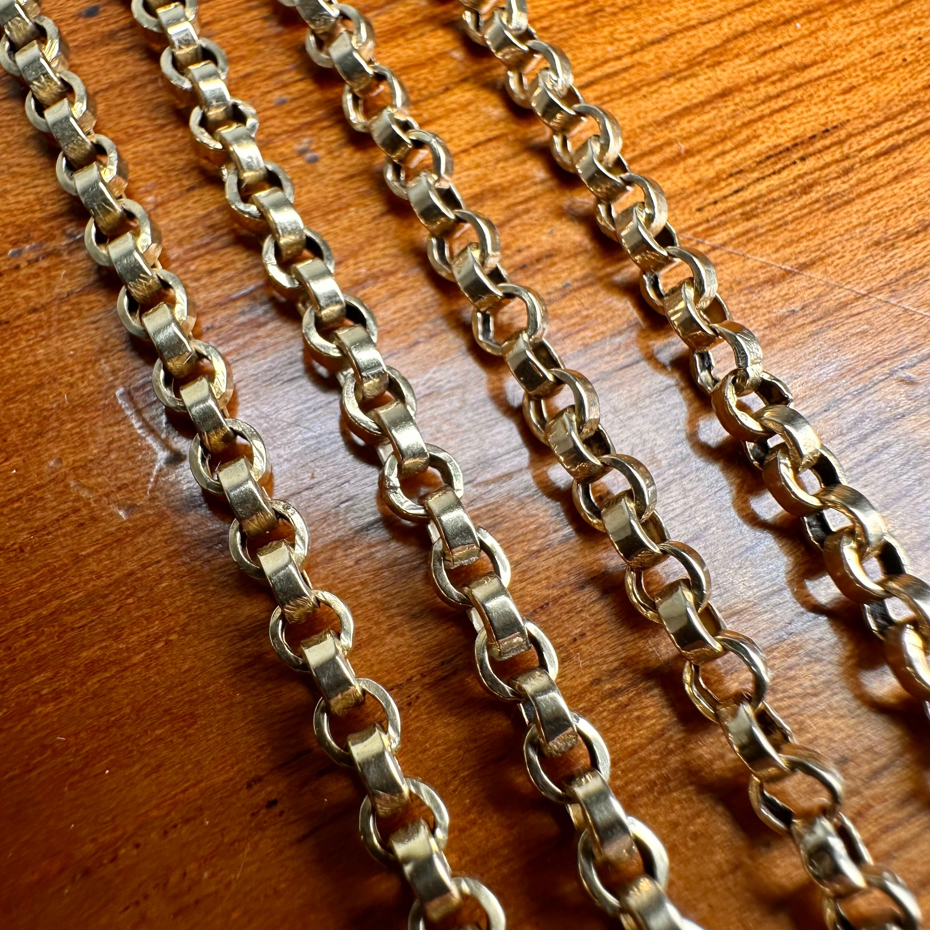 Antique 9ct Gold Belcher Link Long guard Chain, necklace With Dog Clip