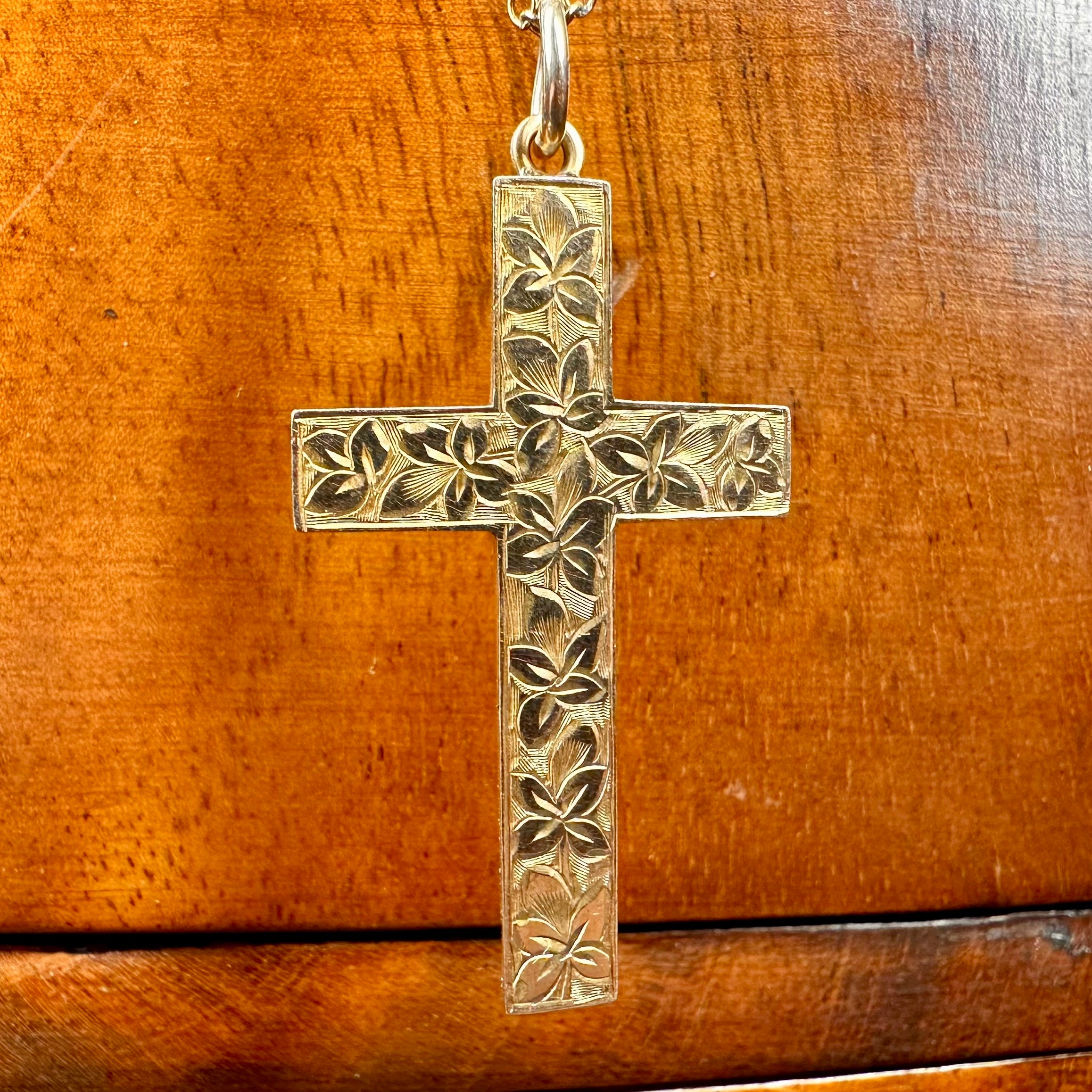 Antique 9ct Gold, Hand Engraved, Cross Pendant