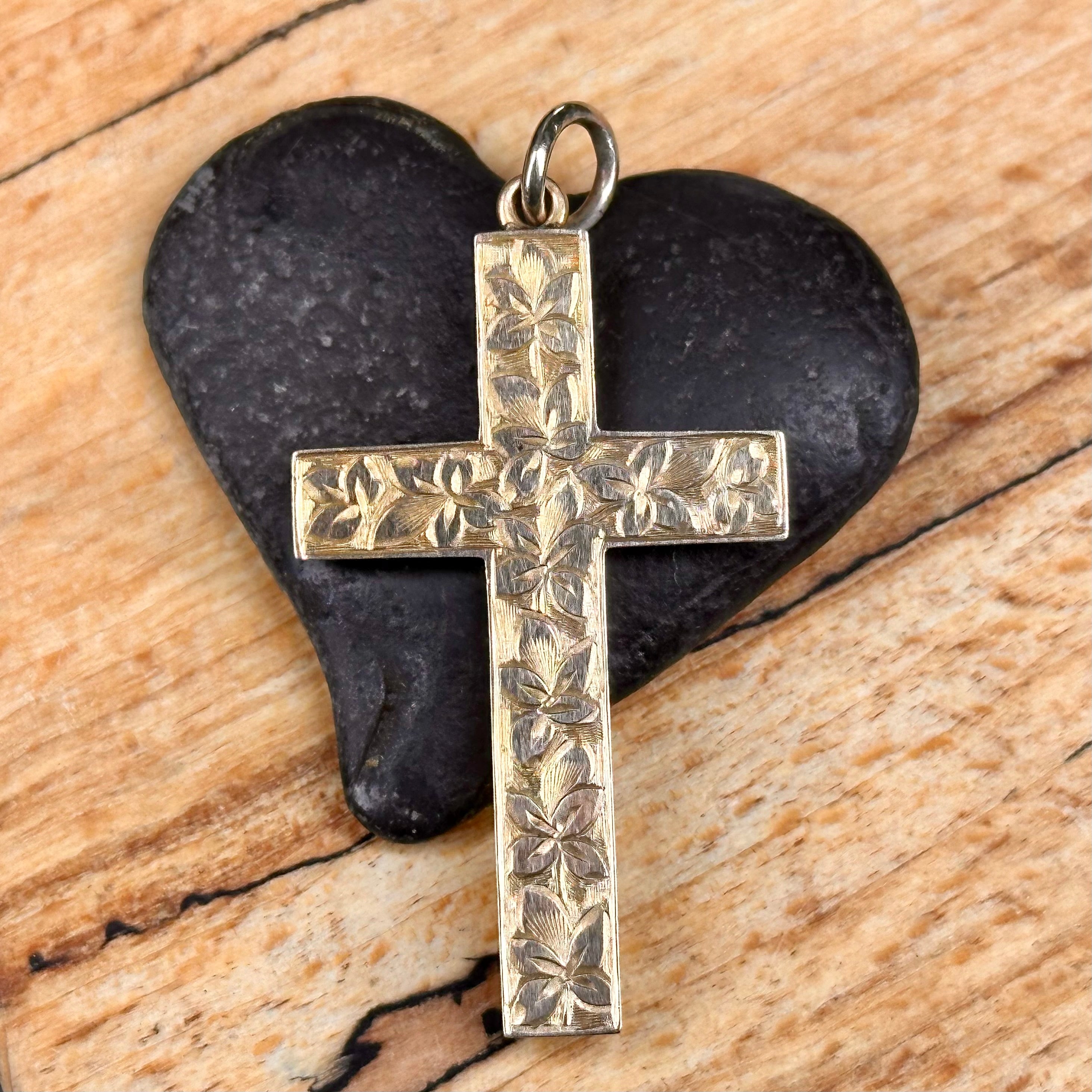 Antique 9ct Gold, Hand Engraved, Cross Pendant