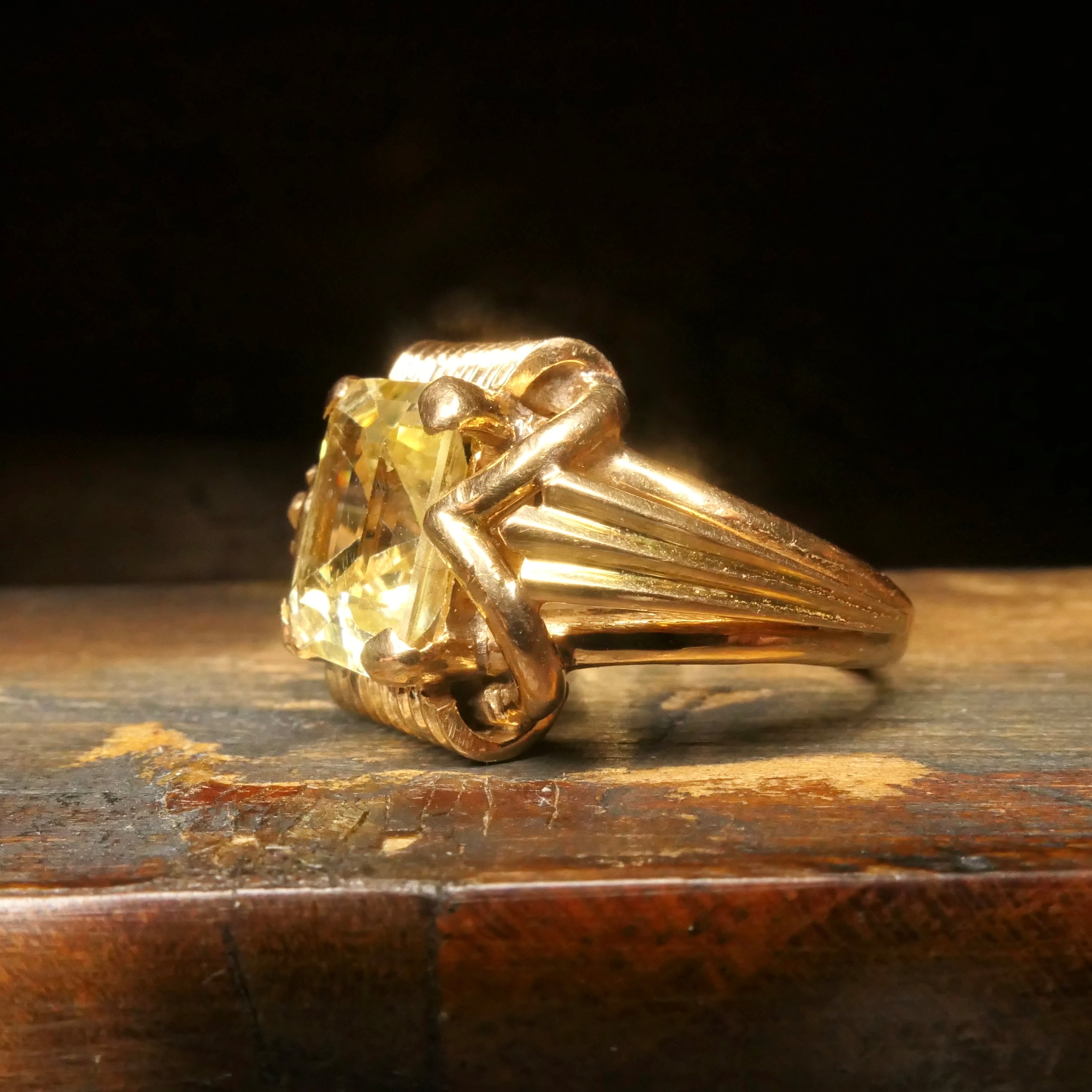 Mid Century, 18ct Gold, Unheated, Natural, Yellow Ceylon Sapphire, Statement Ring, c1940s