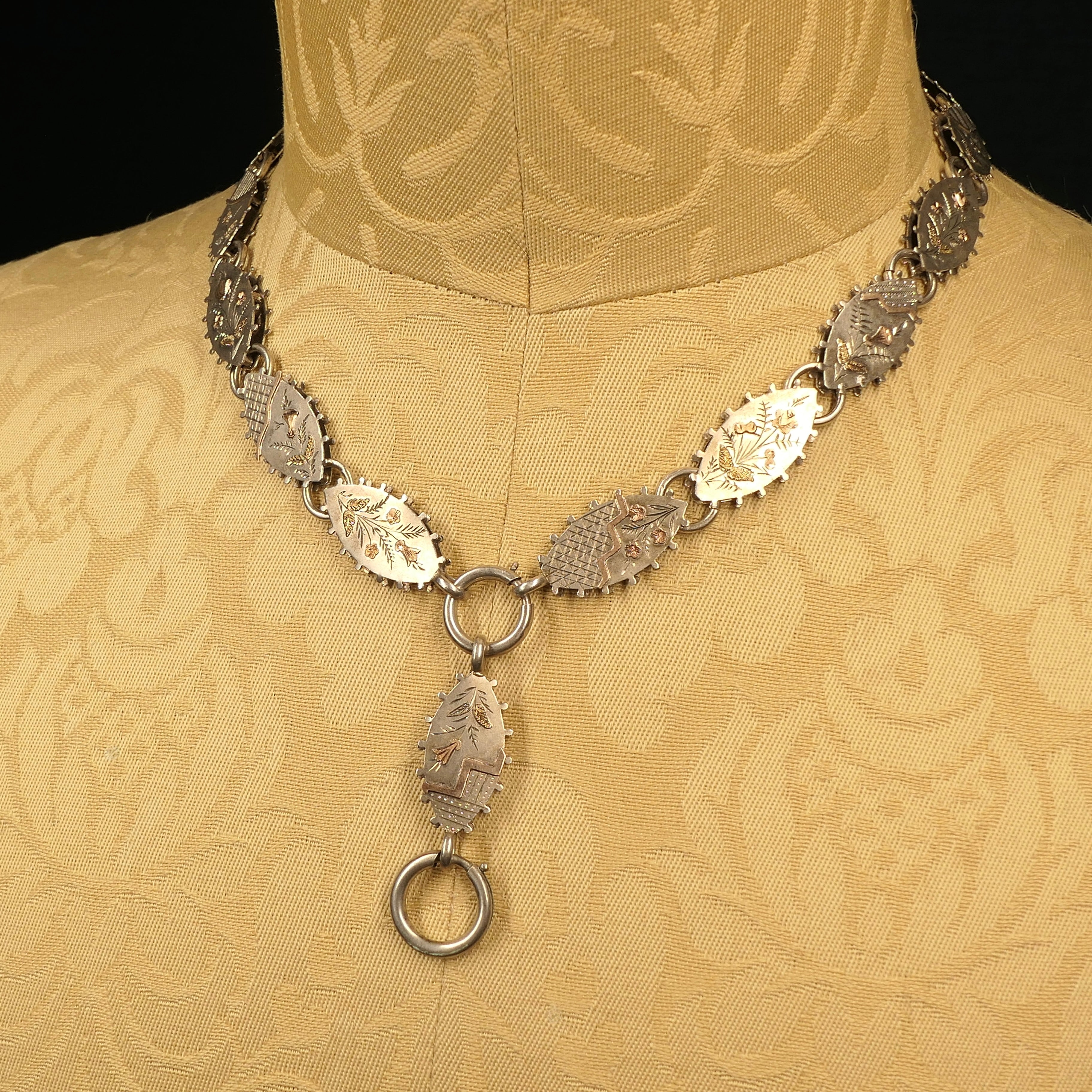 Victorian, Aesthetic movement, Bi-Colour Gold & Sterling Silver, Book Chain Collar Necklace