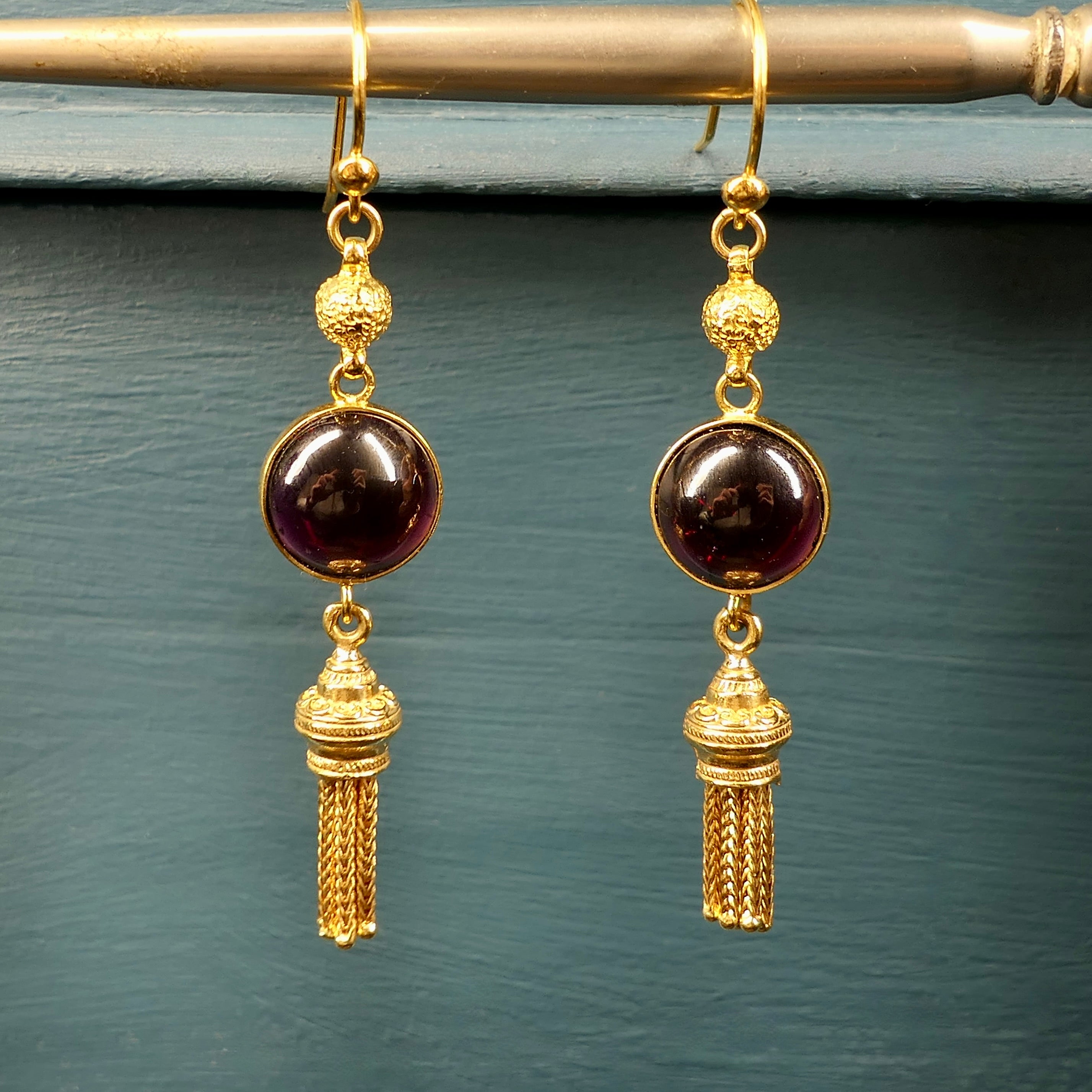 Victorian Style, 9ct Gold, Garnet Cabochon, Tassel Long Drop Earrings