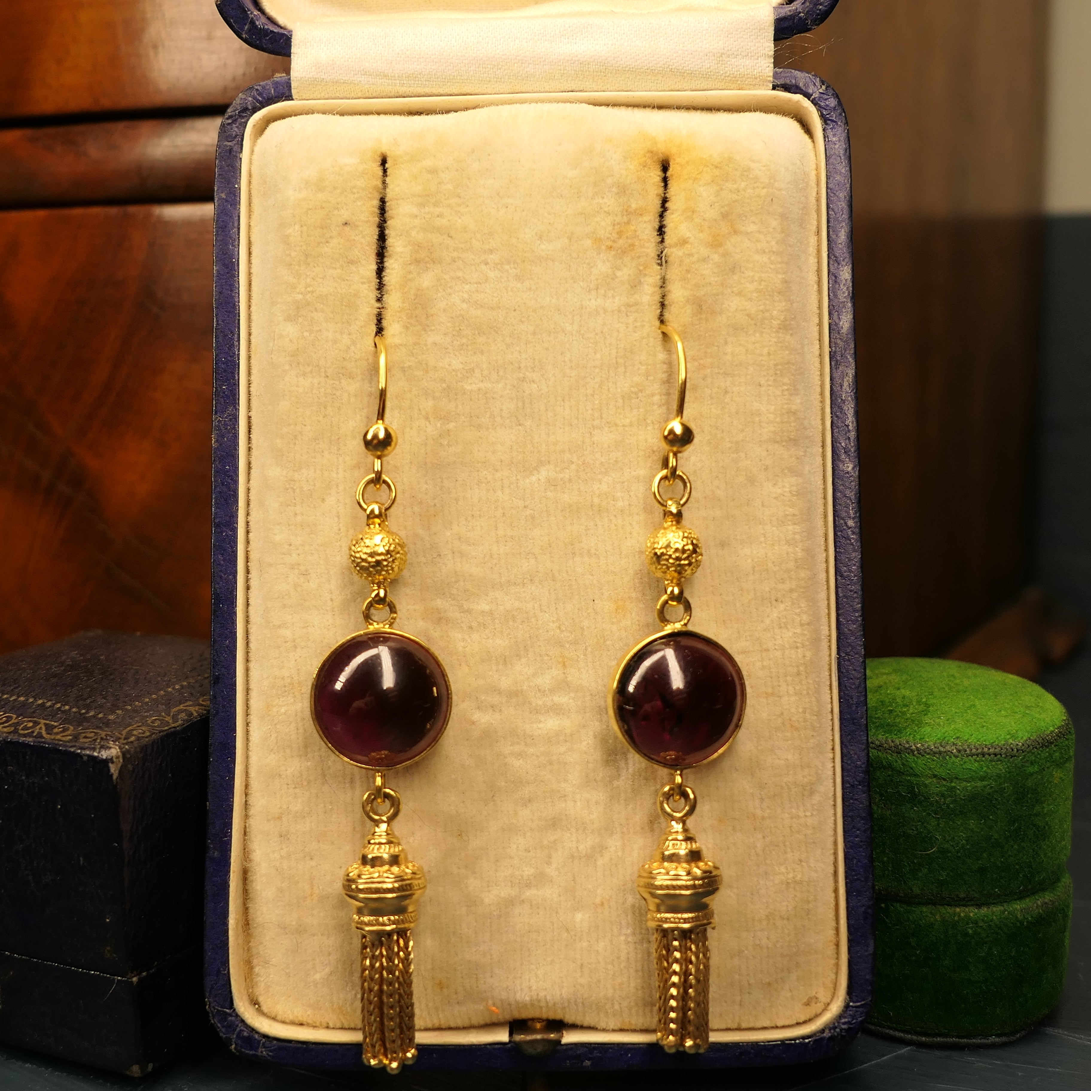 Victorian Style, 9ct Gold, Garnet Cabochon, Tassel Long Drop Earrings