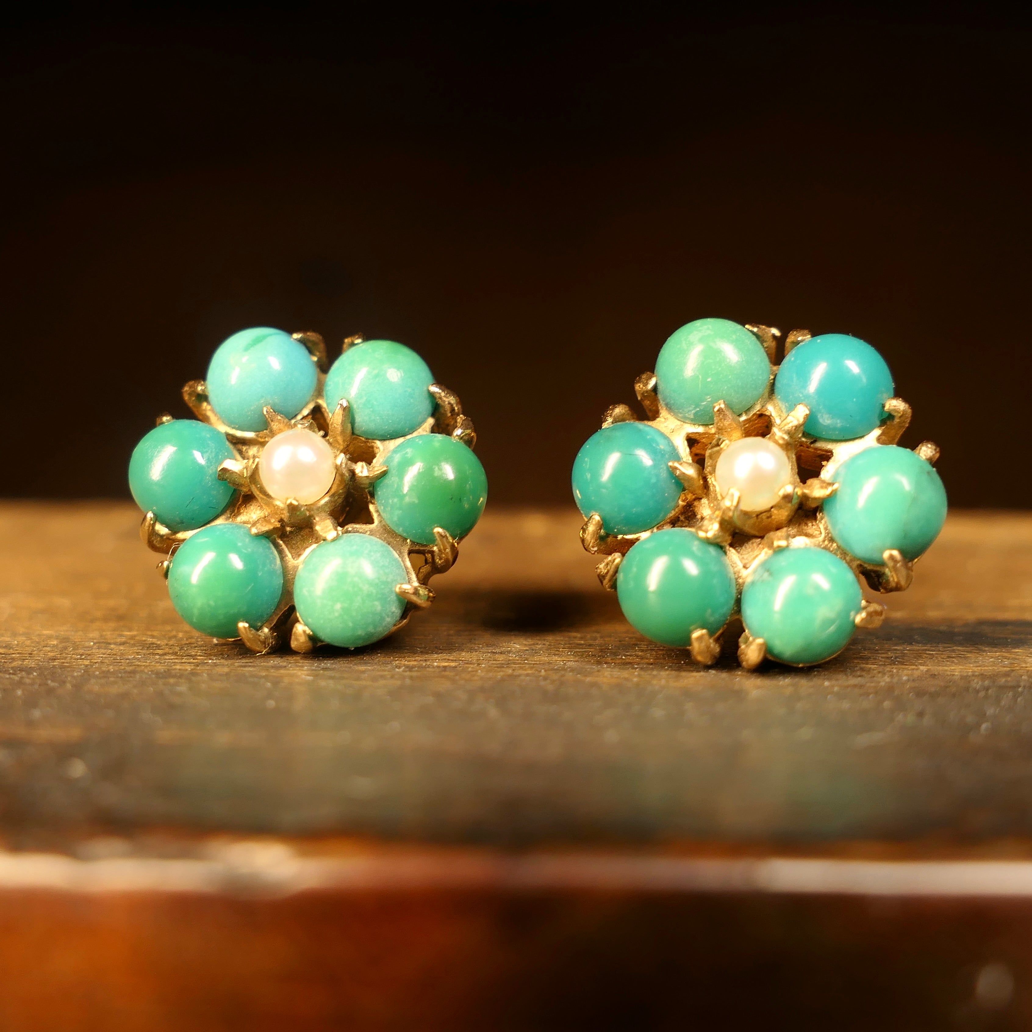 Vintage, 9ct Gold, Turquoise and Pearl, Daisy Cluster Stud Earrings
