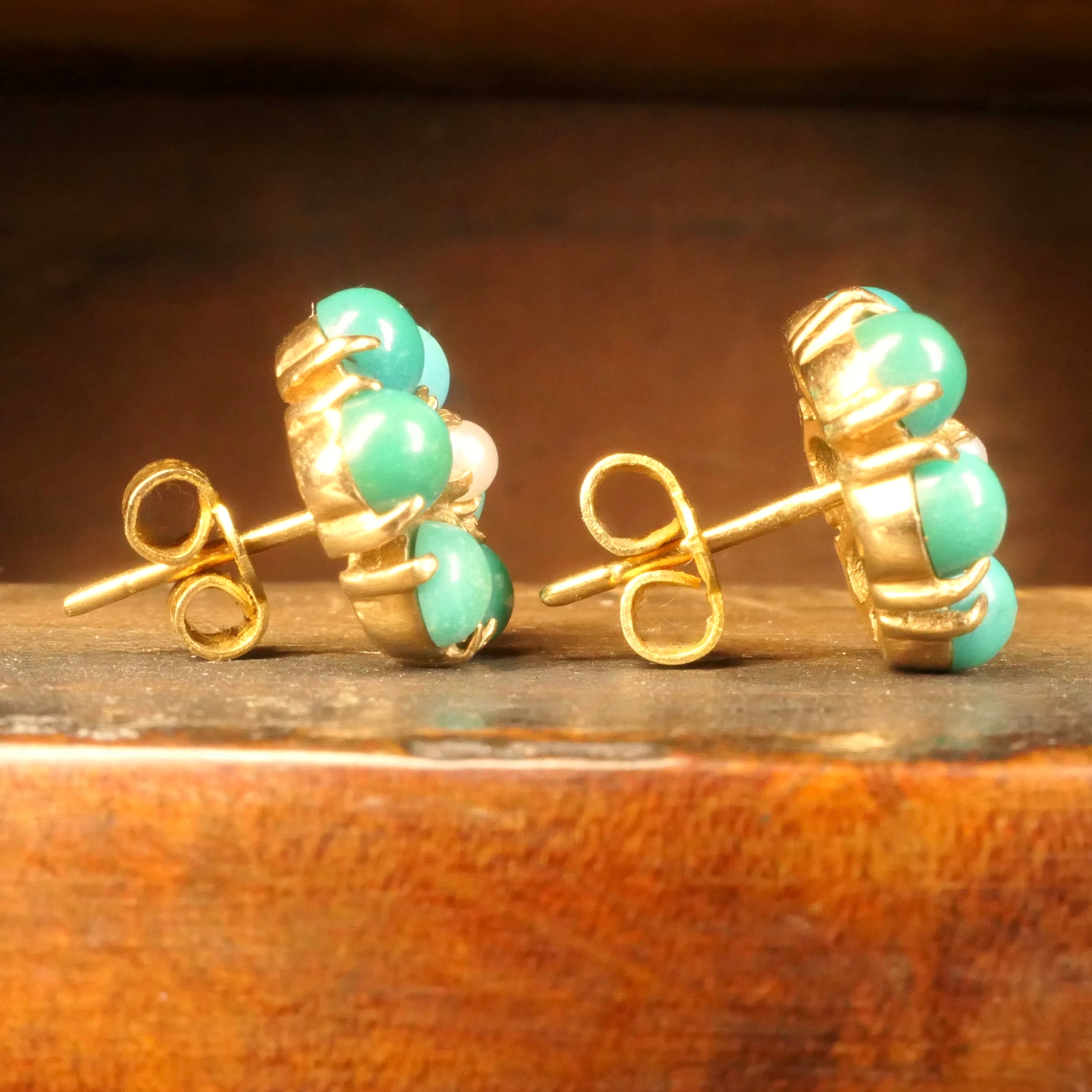 Vintage, 9ct Gold, Turquoise and Pearl, Daisy Cluster Stud Earrings