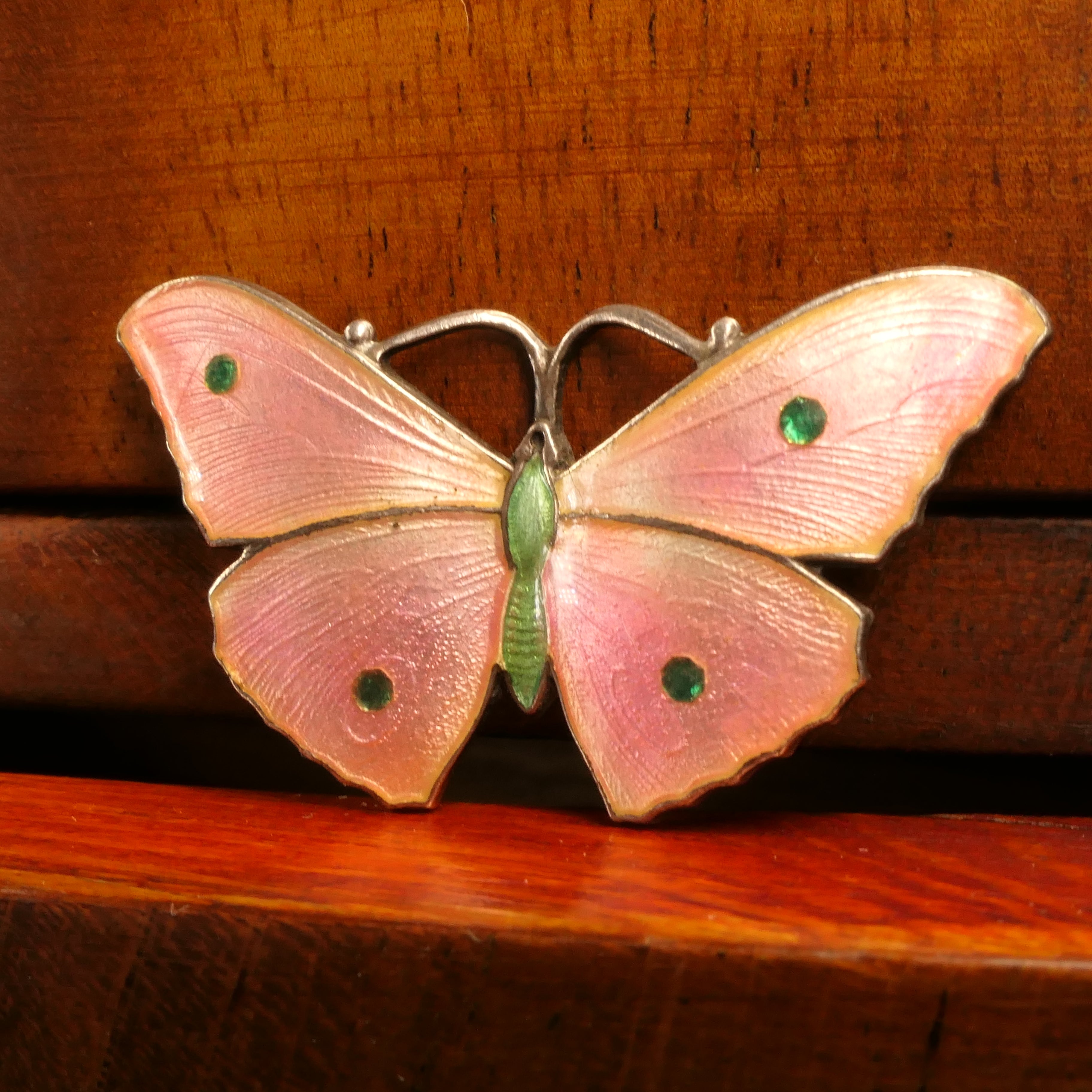 Art Nouveau, Pink Enamel, Sterling Silver, Butterfly Brooch By John Atkin & Sons