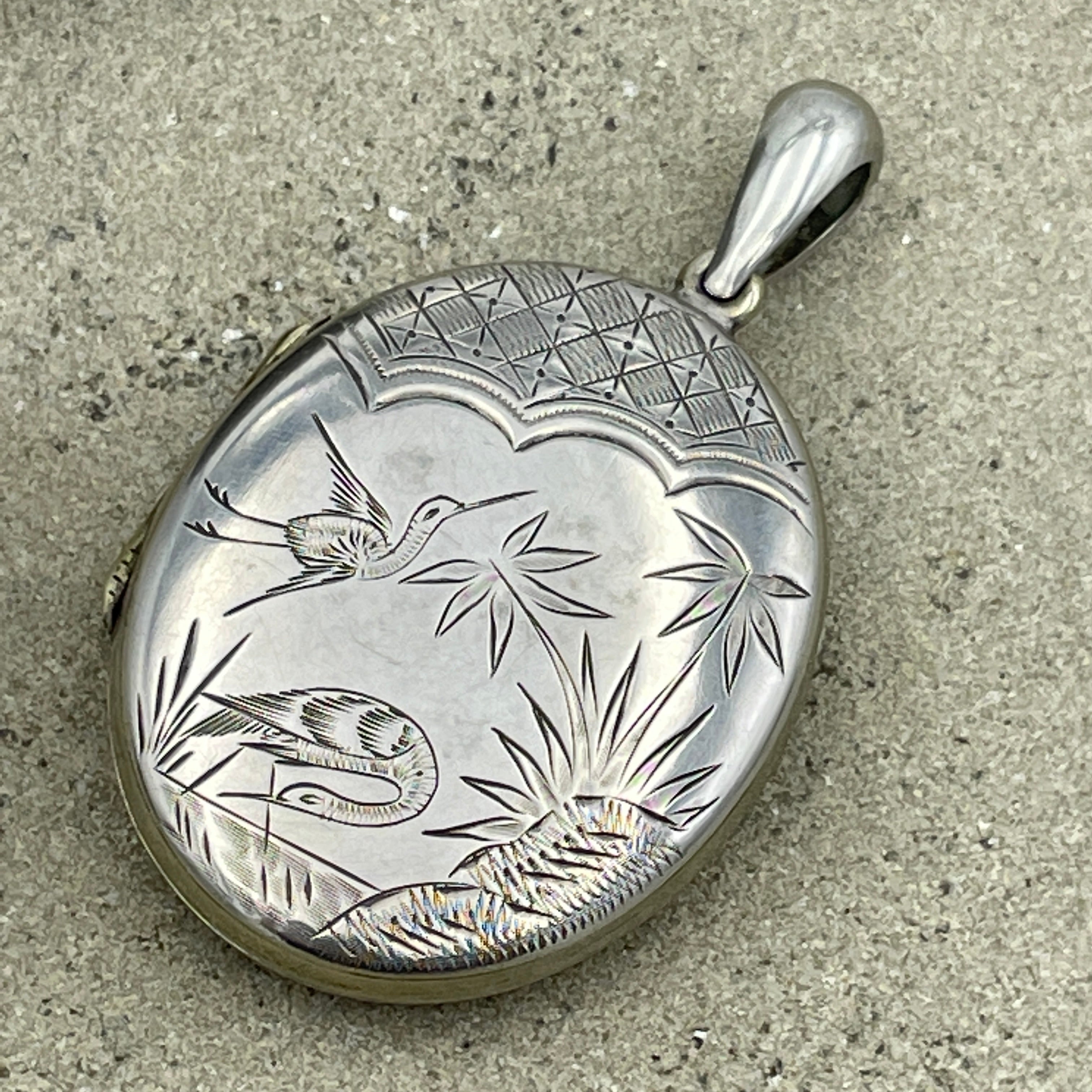 Victorian, Aesthetic Movement Silver Back & Front Locket, With Bird Motif