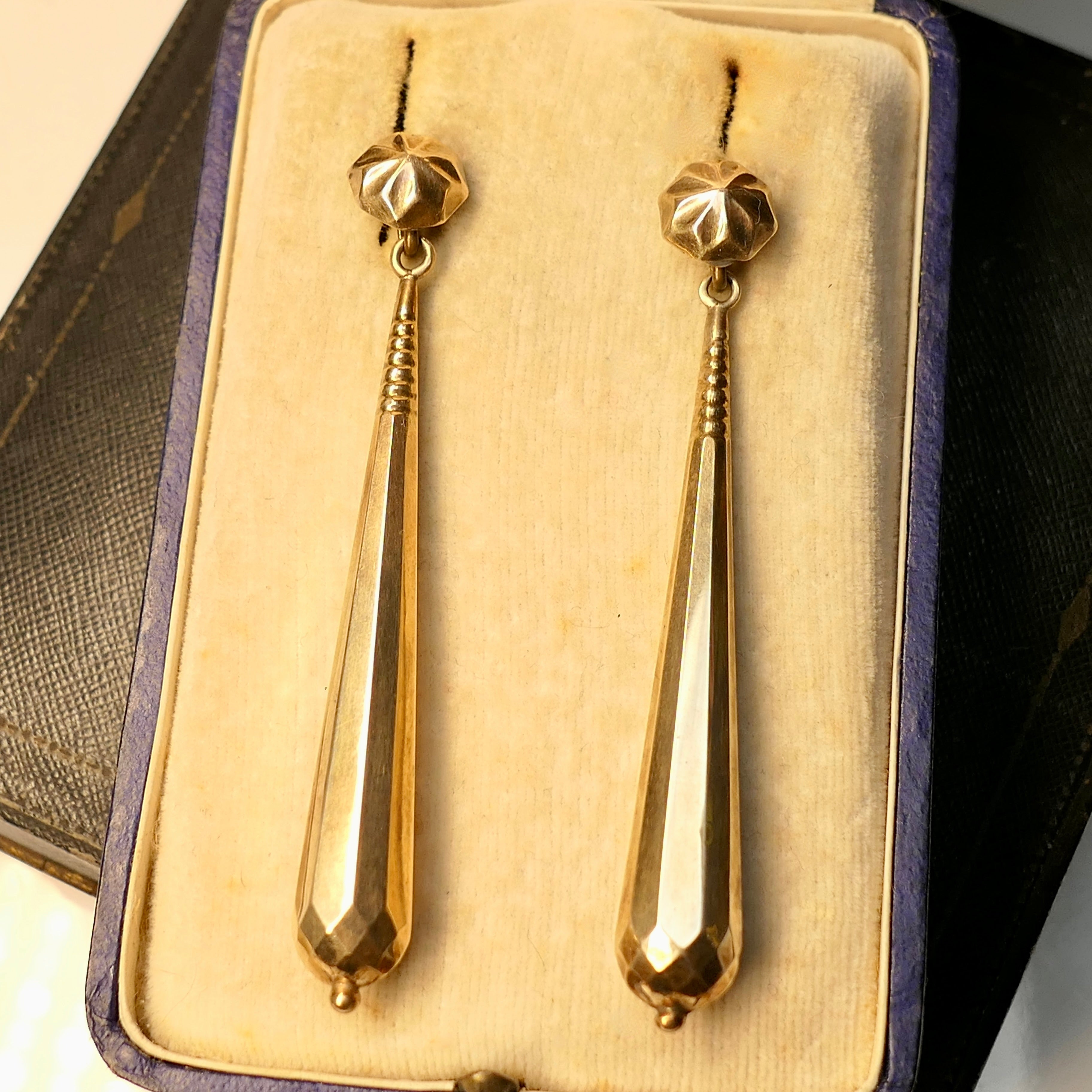 Antique 9ct Gold, Long Torpedo Drop Earrings