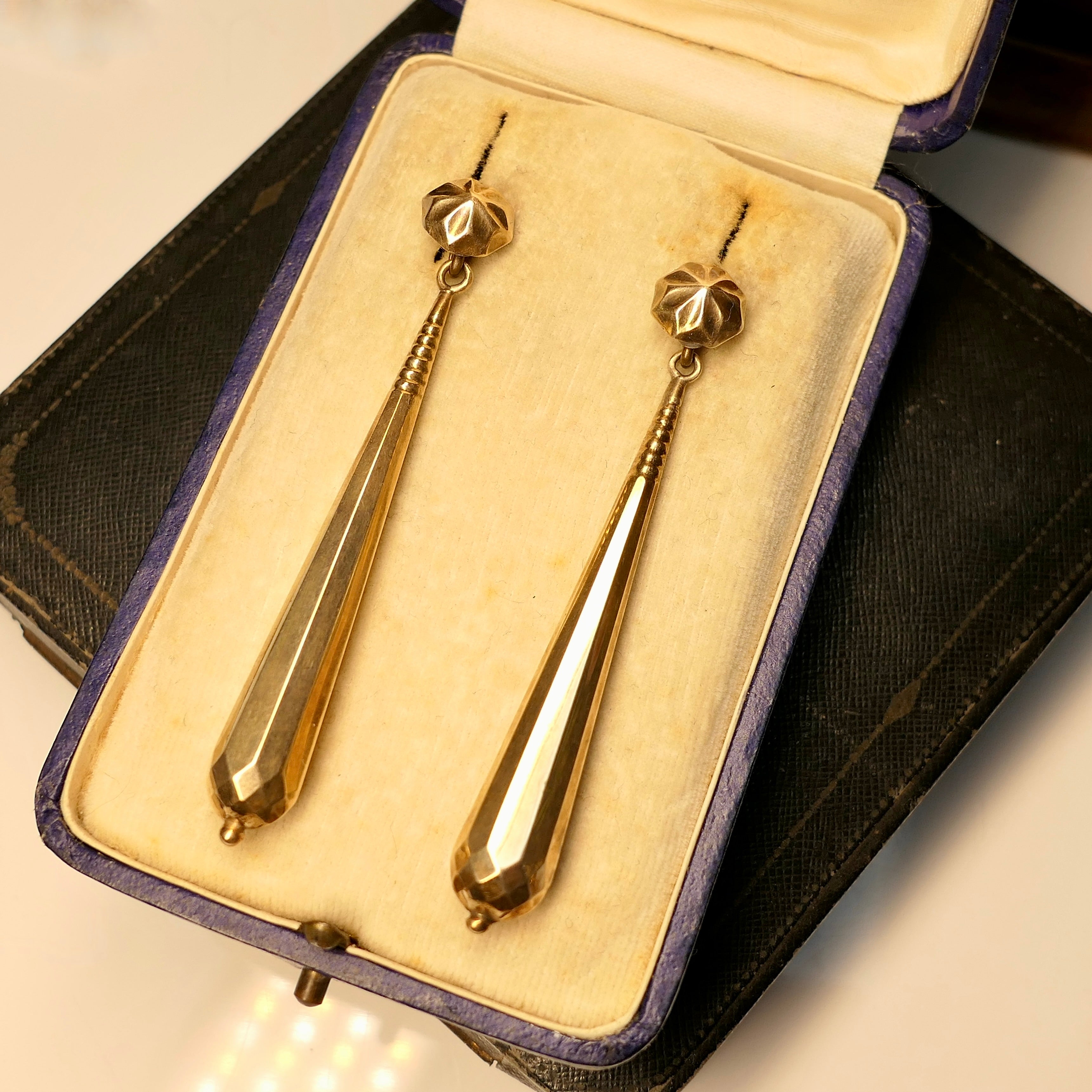 Antique 9ct Gold, Long Torpedo Drop Earrings