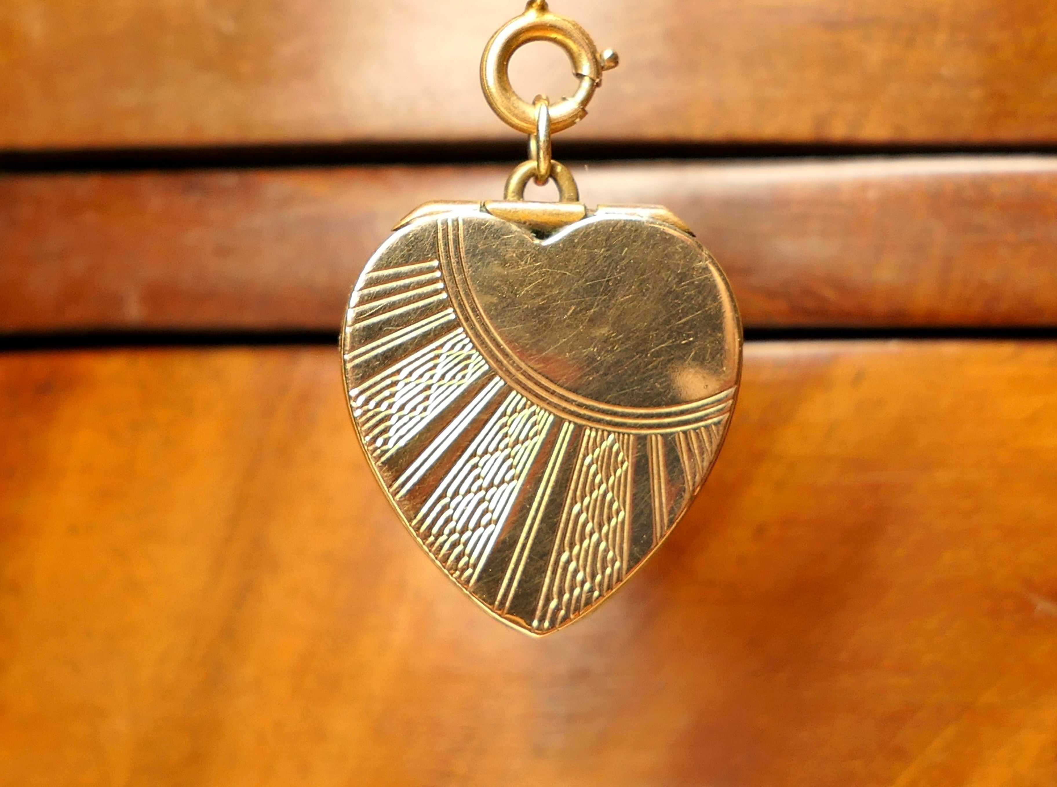 Original Art Deco 9ct Gold, Sunburst Heart Locket Pendant