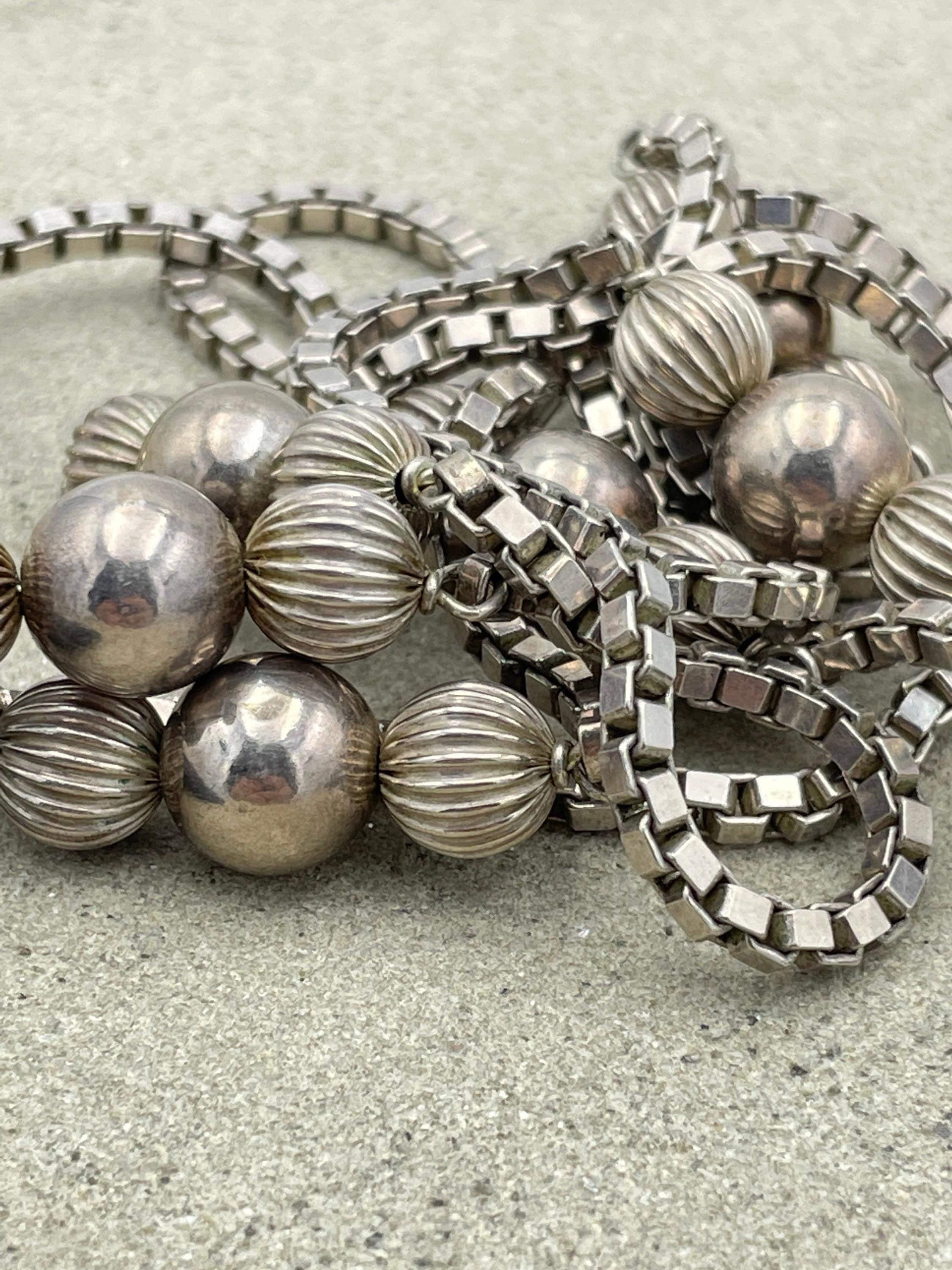 Art Deco 830 Silver, Reeded Ball, Box Link Chain Flapper Necklace