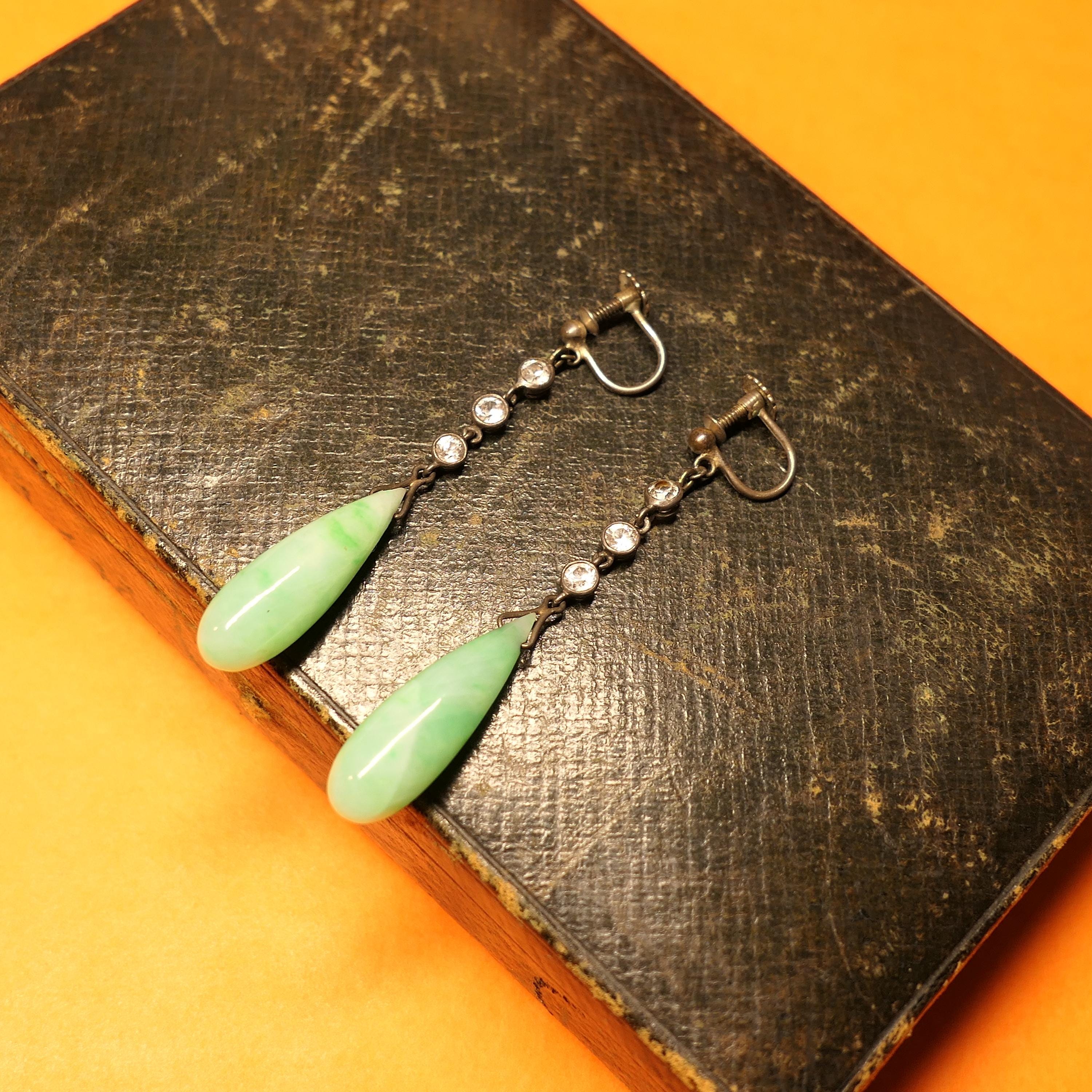 1920's, Art Deco, Silver, Paste & Jade Torpedo Long Drop Earrings