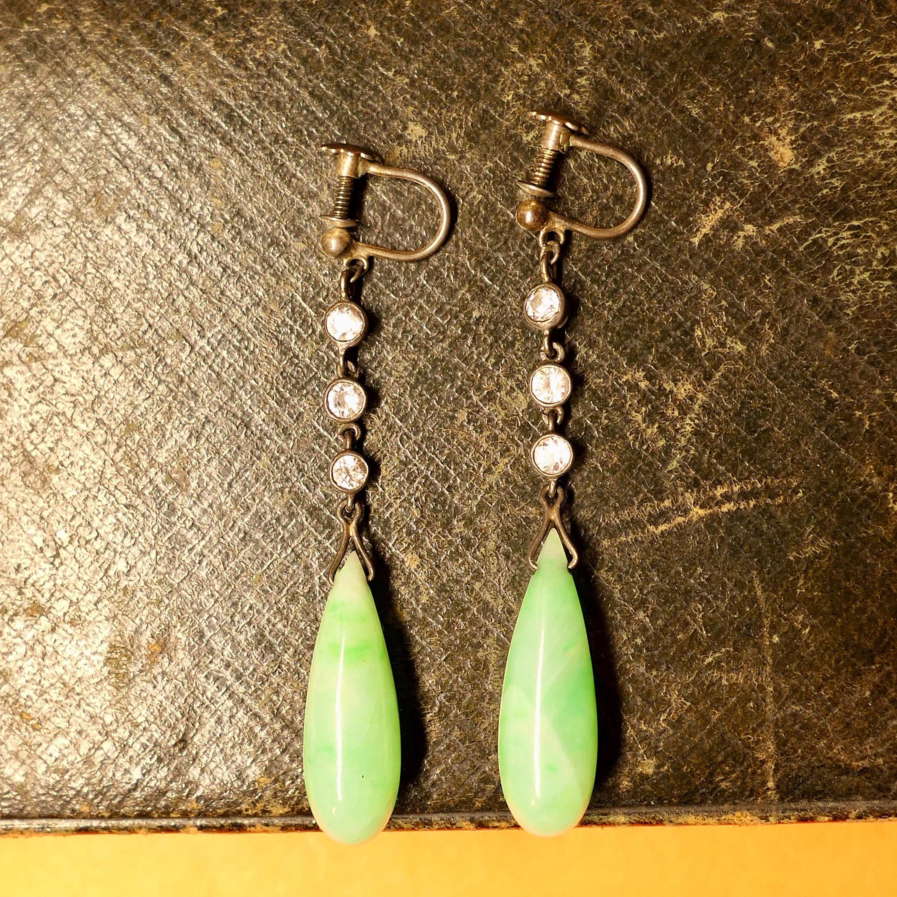 1920's, Art Deco, Silver, Paste & Jade Torpedo Long Drop Earrings