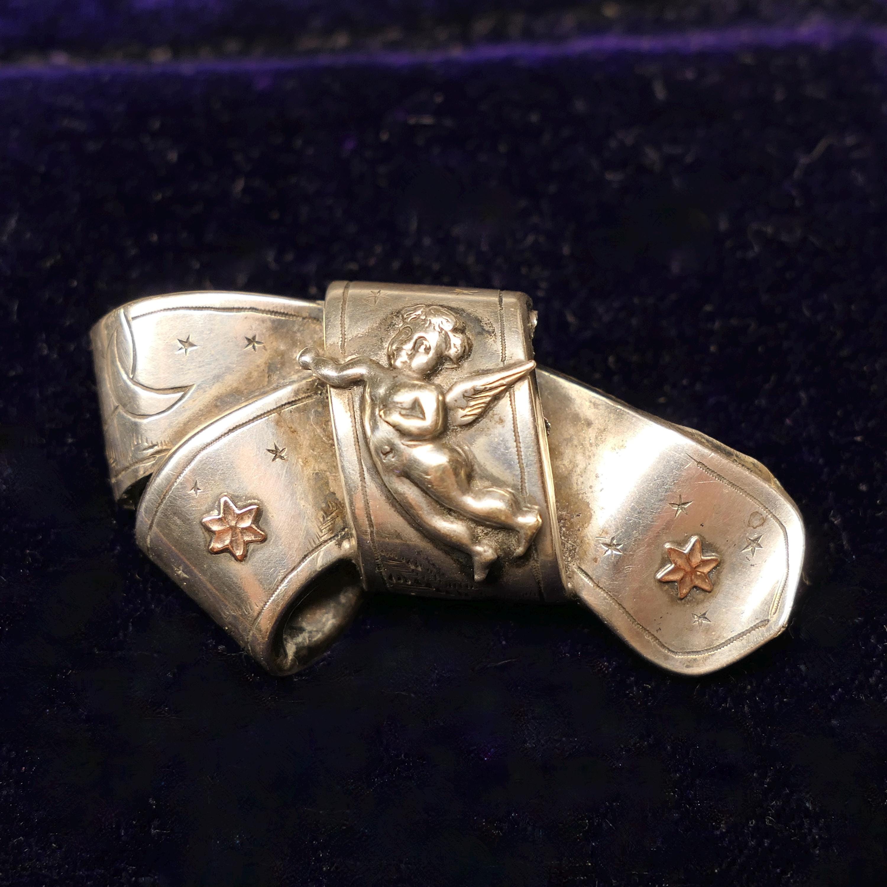 Victorian Sterling Silver & Rose Gold Aesthetic Movement, Cherub, Bow Brooch