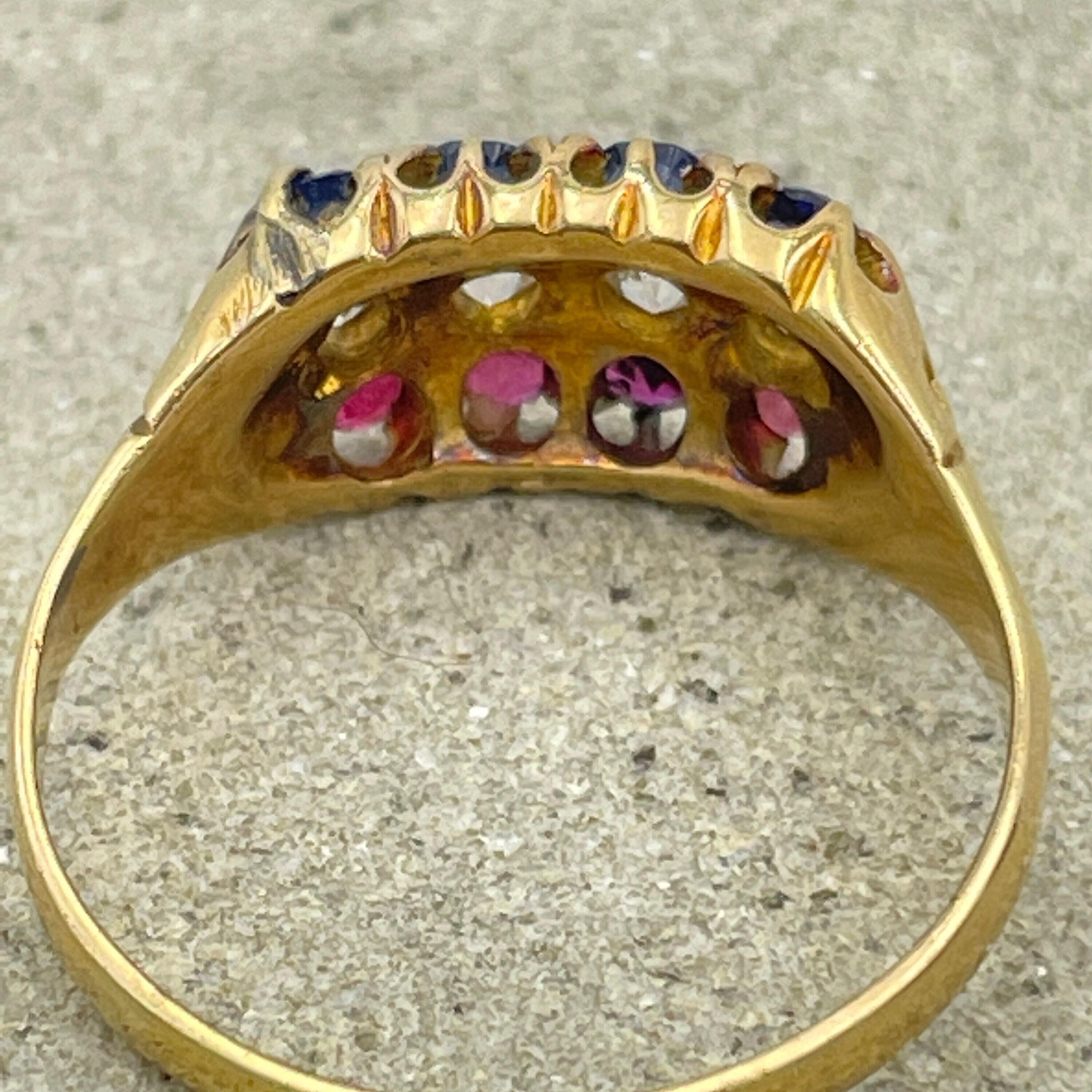 Edwardian 18ct gold , three row old cut diamond, ruby & sapphire ring, hallmarked chester 1903