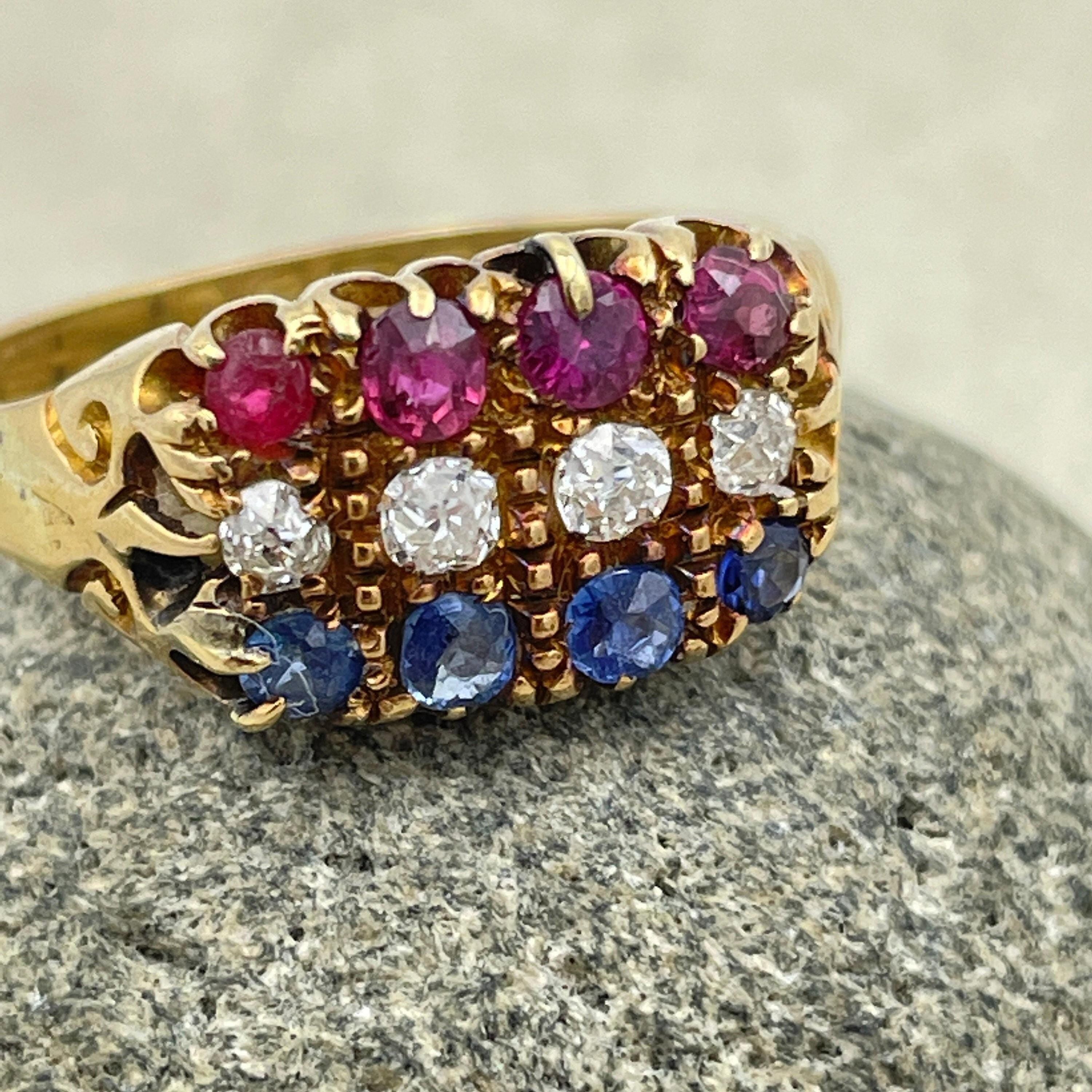 Edwardian 18ct gold , three row old cut diamond, ruby & sapphire ring, hallmarked chester 1903