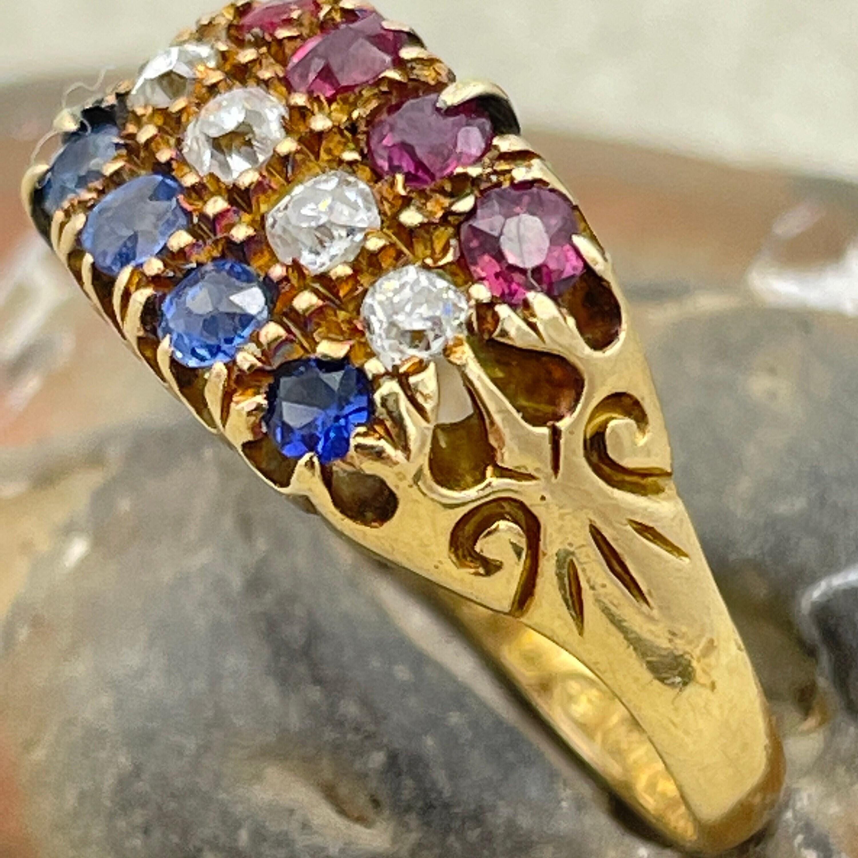 Edwardian 18ct gold , three row old cut diamond, ruby & sapphire ring, hallmarked chester 1903