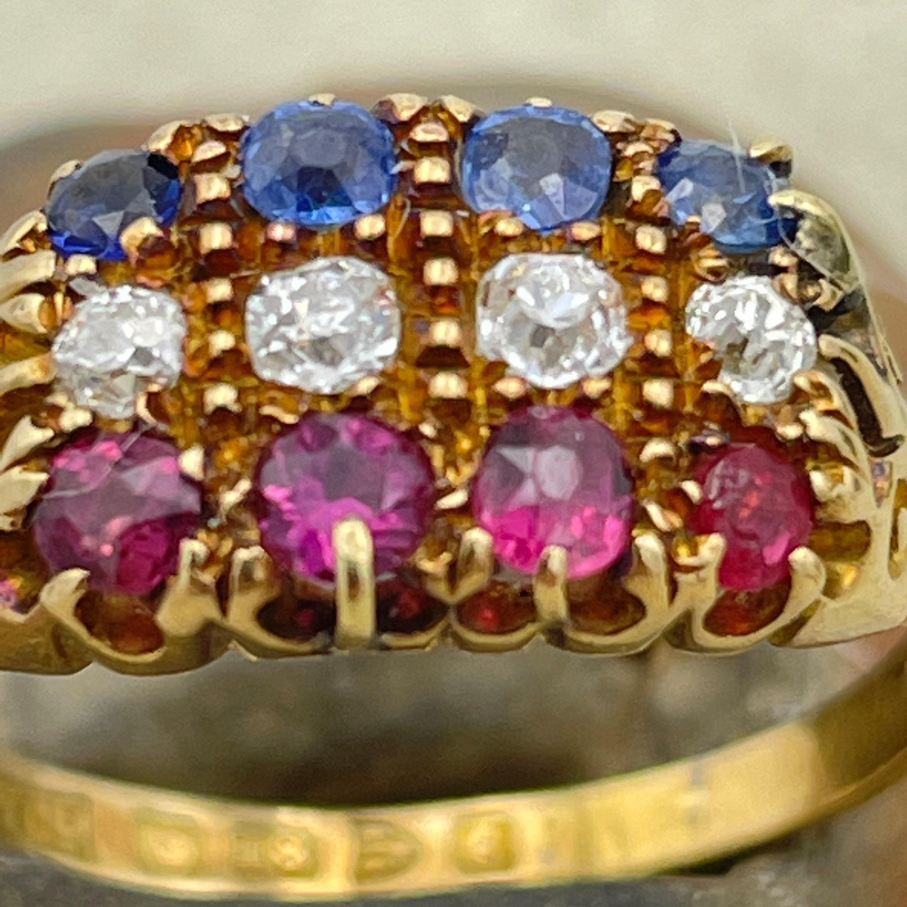 Edwardian 18ct gold , three row old cut diamond, ruby & sapphire ring, hallmarked chester 1903