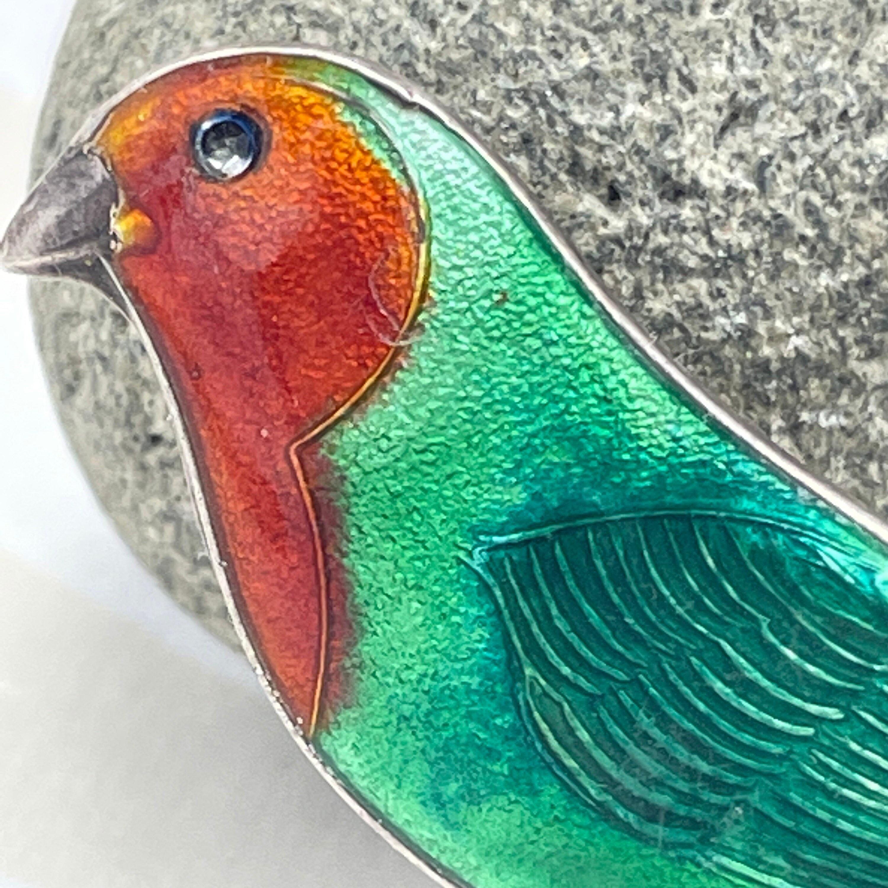 Vintage, Art Deco, Sterling Silver, Enamel Robin Bird Brooch