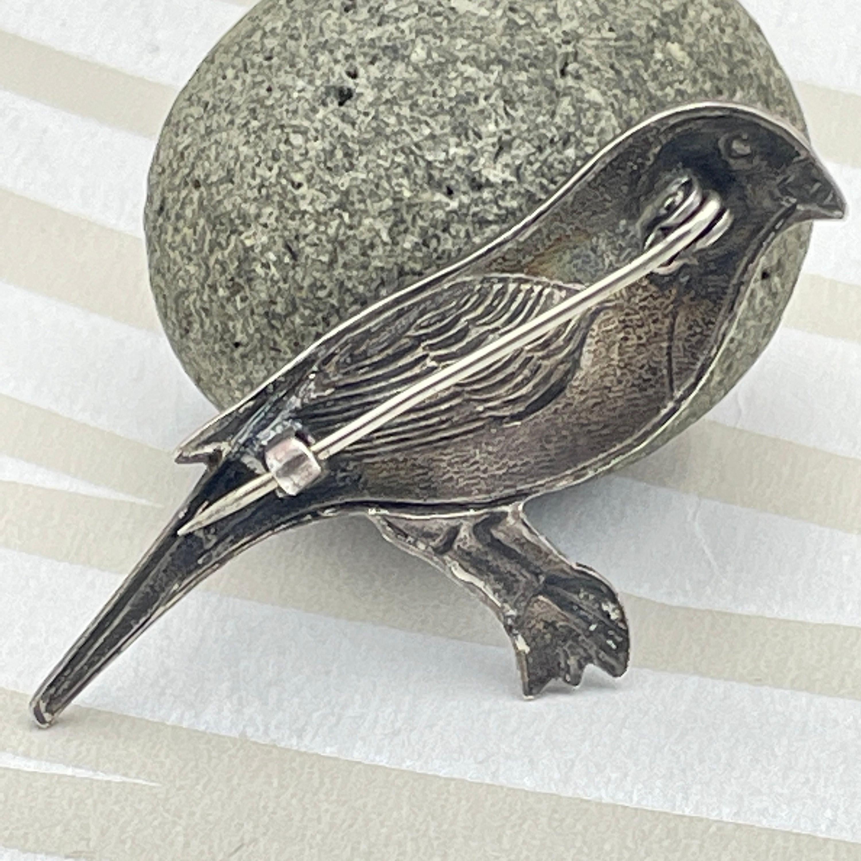 Vintage, Art Deco, Sterling Silver, Enamel Robin Bird Brooch