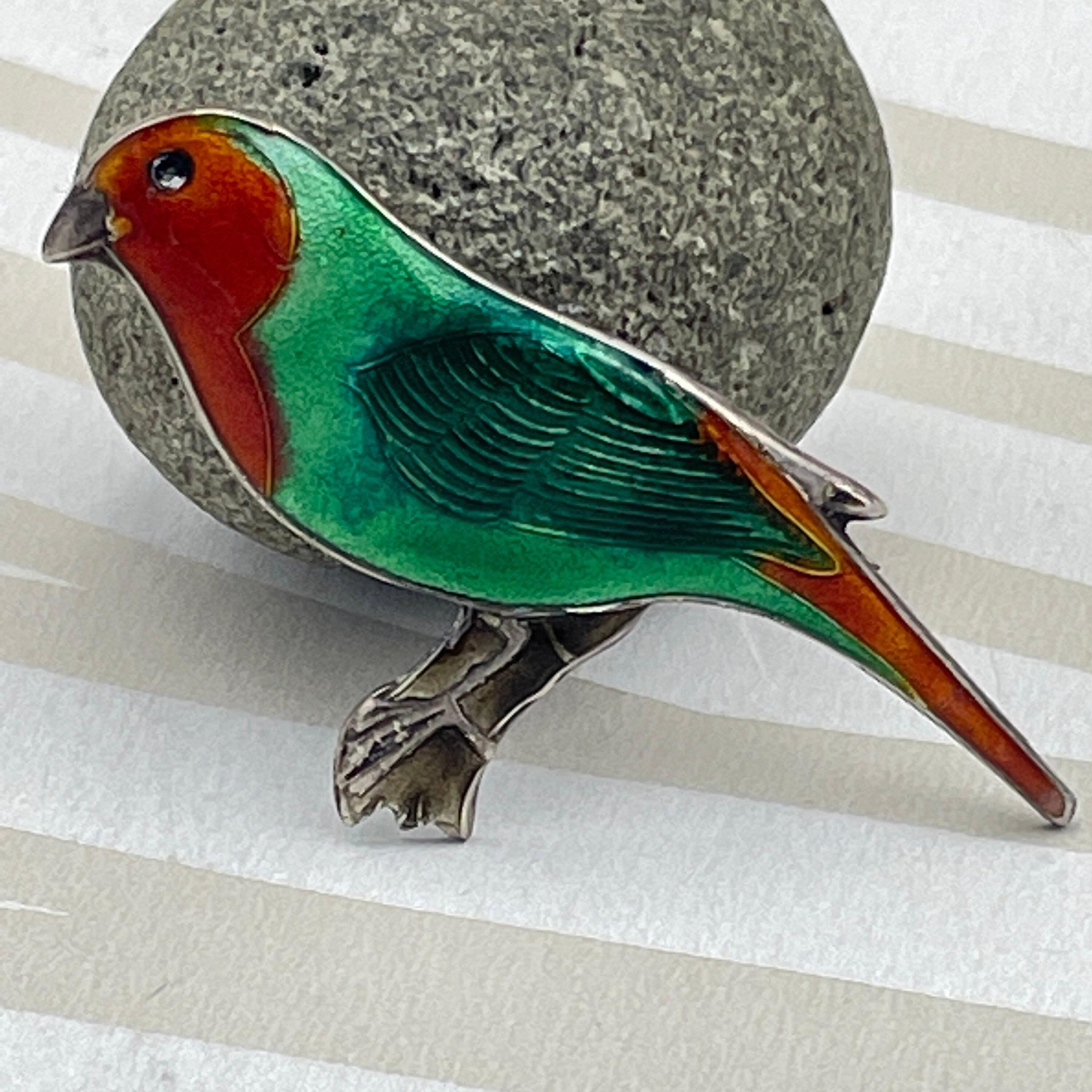 Vintage, Art Deco, Sterling Silver, Enamel Robin Bird Brooch