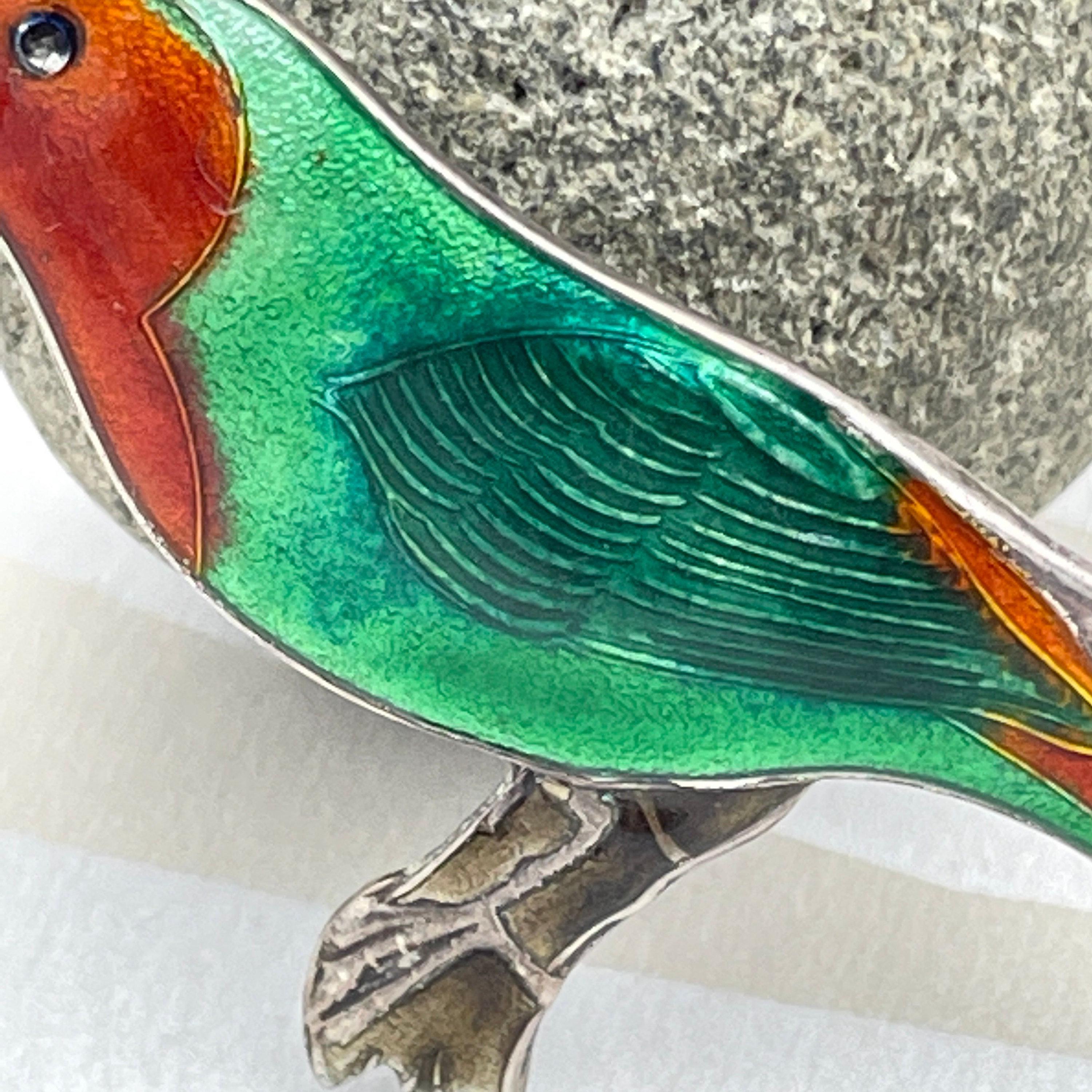 Vintage, Art Deco, Sterling Silver, Enamel Robin Bird Brooch