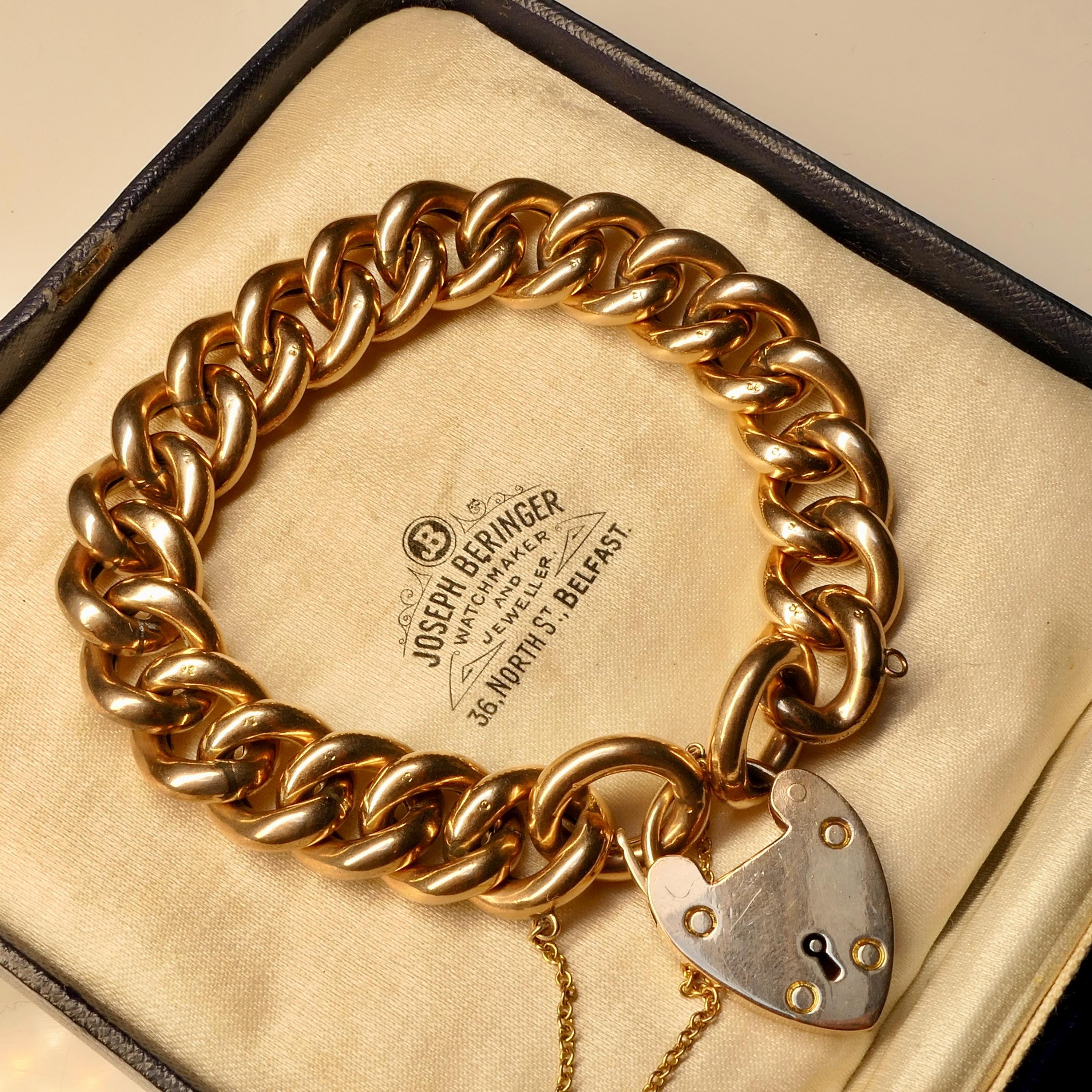 Antique 9ct Gold Chunky Curb Link, Night & Day Bracelet, With Heart Padlock Clasp Hallmarked 1908. 30.3 Grams